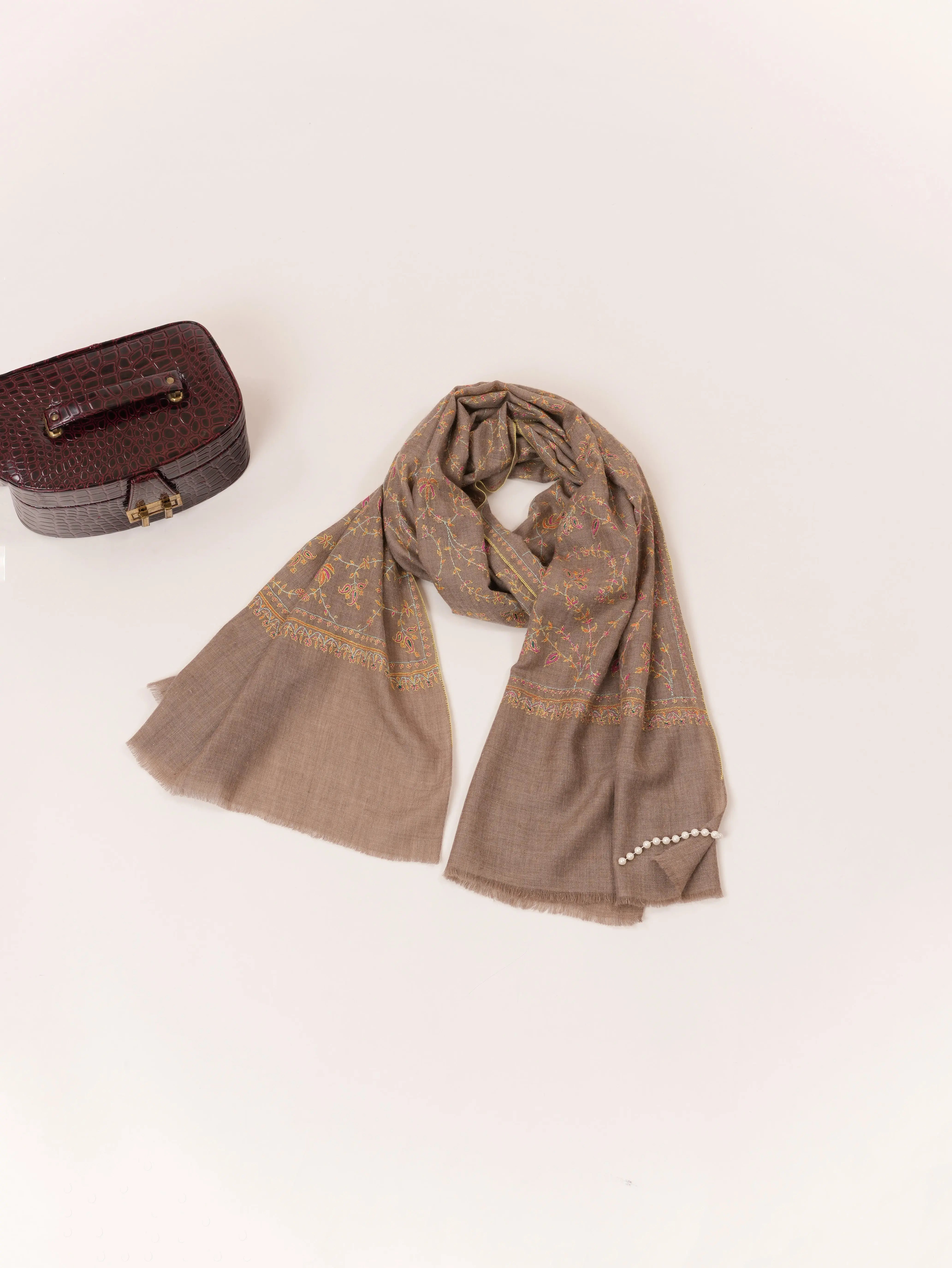 Hand Sozni Jali Embroidered Natural Taupe Handwoven Cashmere Scarf Shahkaar.com