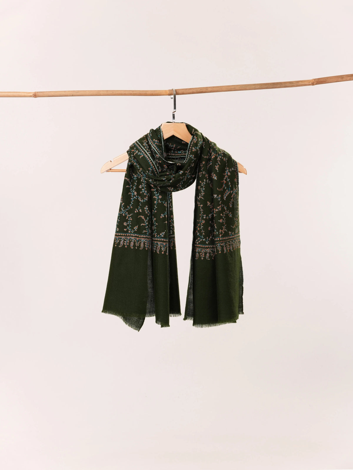 Sozni Jali Embroidery Dark Green Handwoven Kashmiri Cashmere Scarf Shahkaar.com