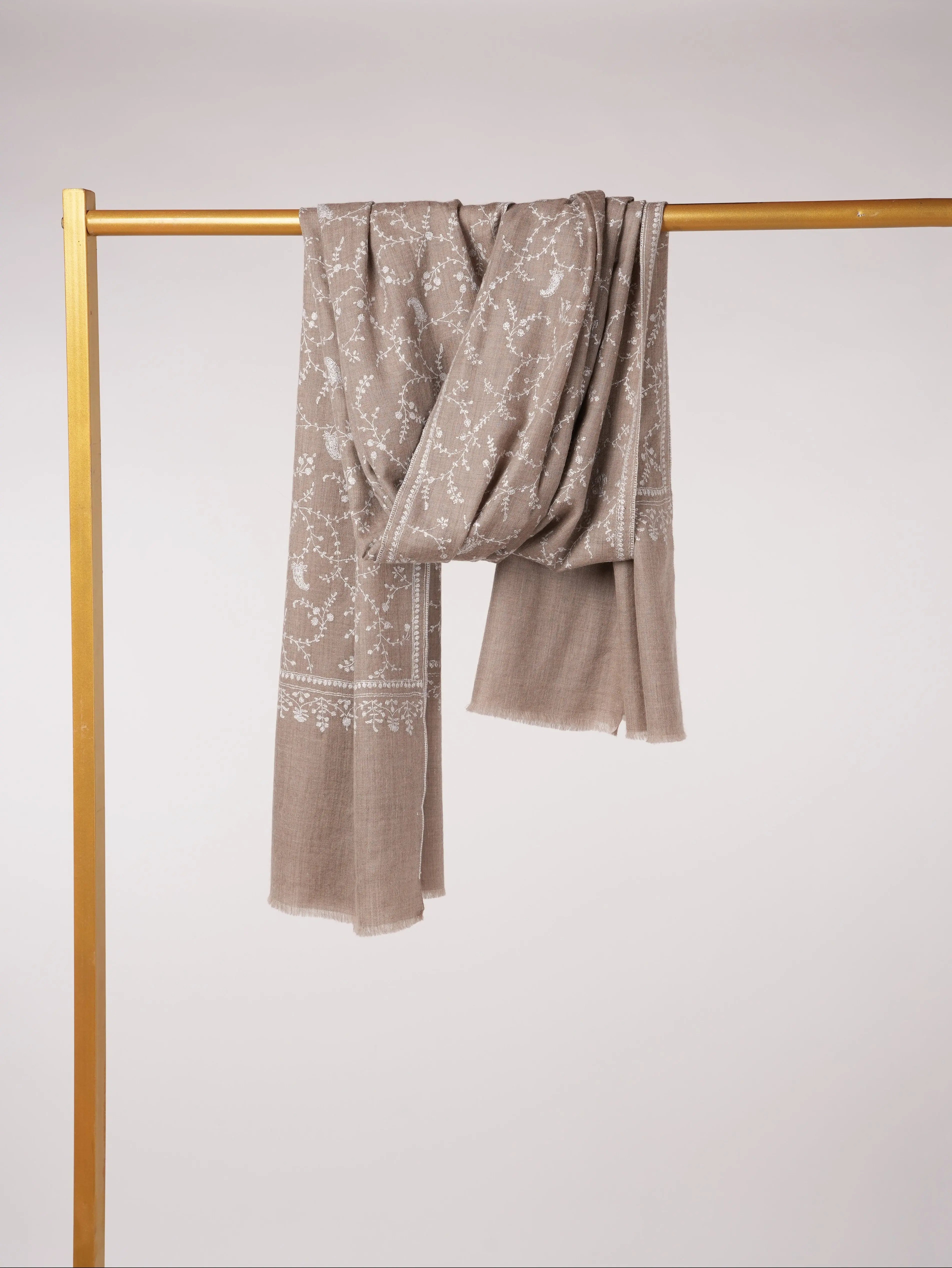 White Jali Hand Embroidered Natural Taupe Kashmiri Handwoven Pashmina Shawl Shahkaar.com