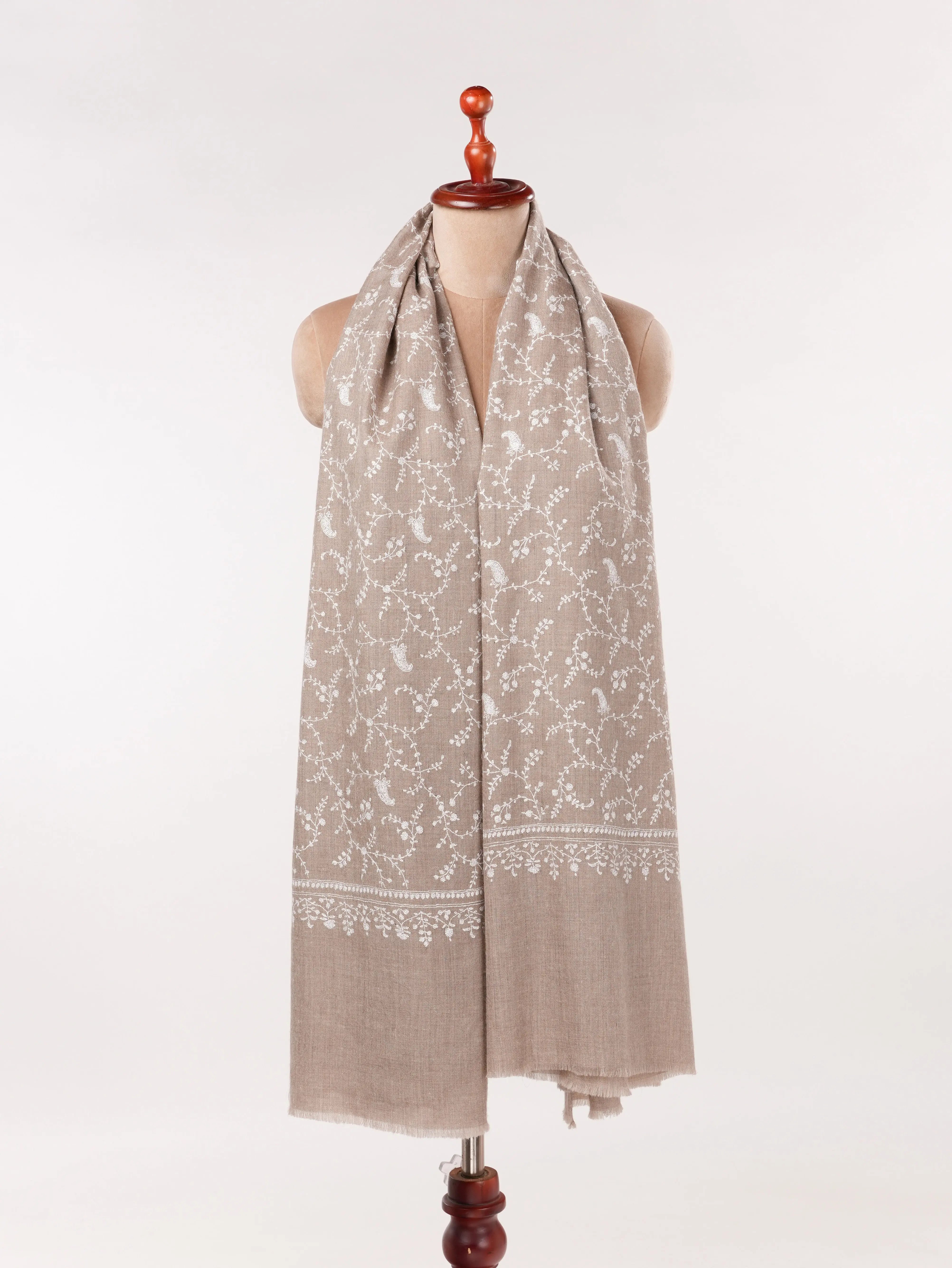 White Jali Hand Embroidered Natural Taupe Kashmiri Handwoven Pashmina Shawl Shahkaar.com