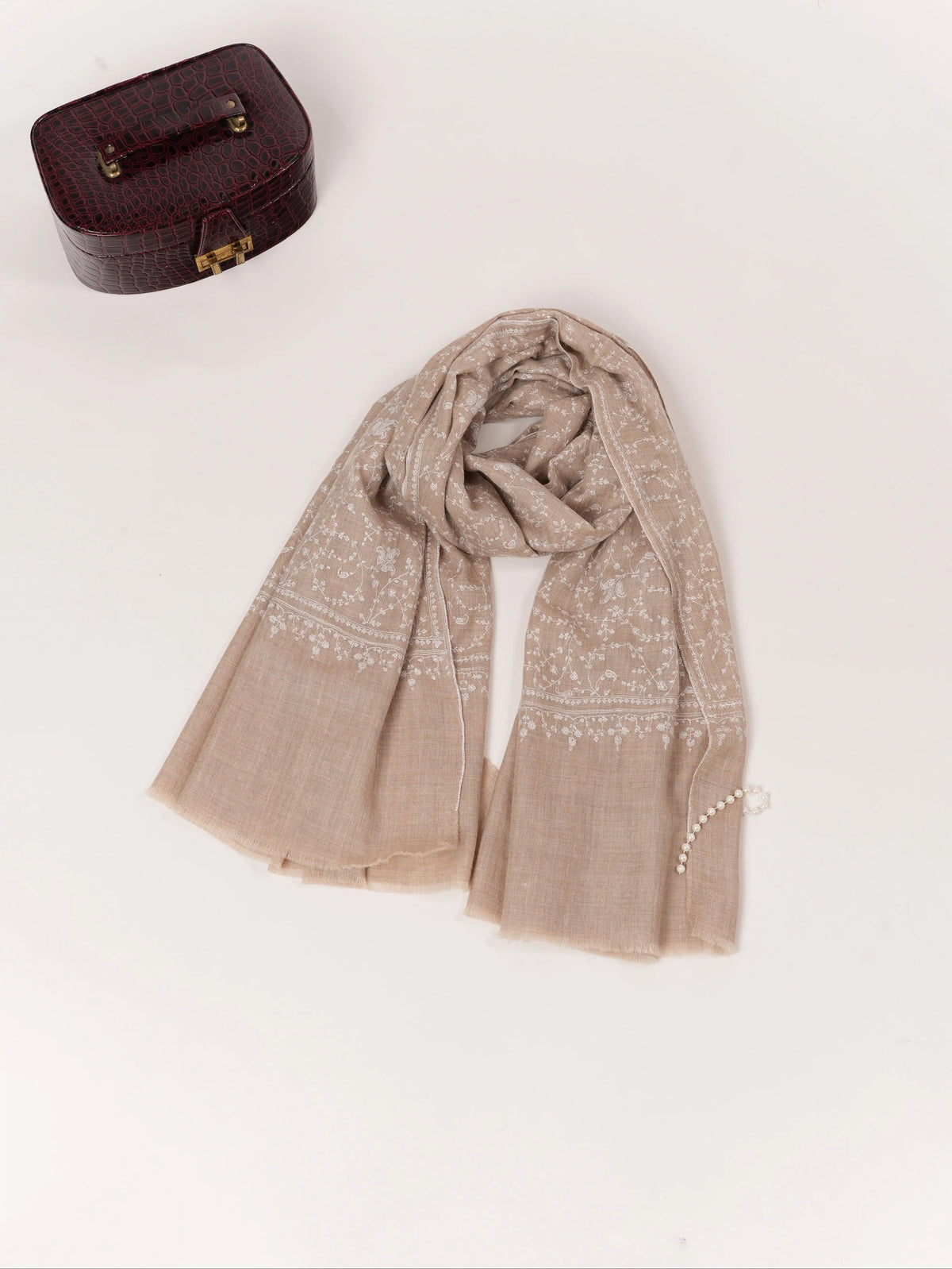 White Hand Embroidered Jali Natural White Kashmiri Handwoven Pashmina Shawl Shahkaar.com