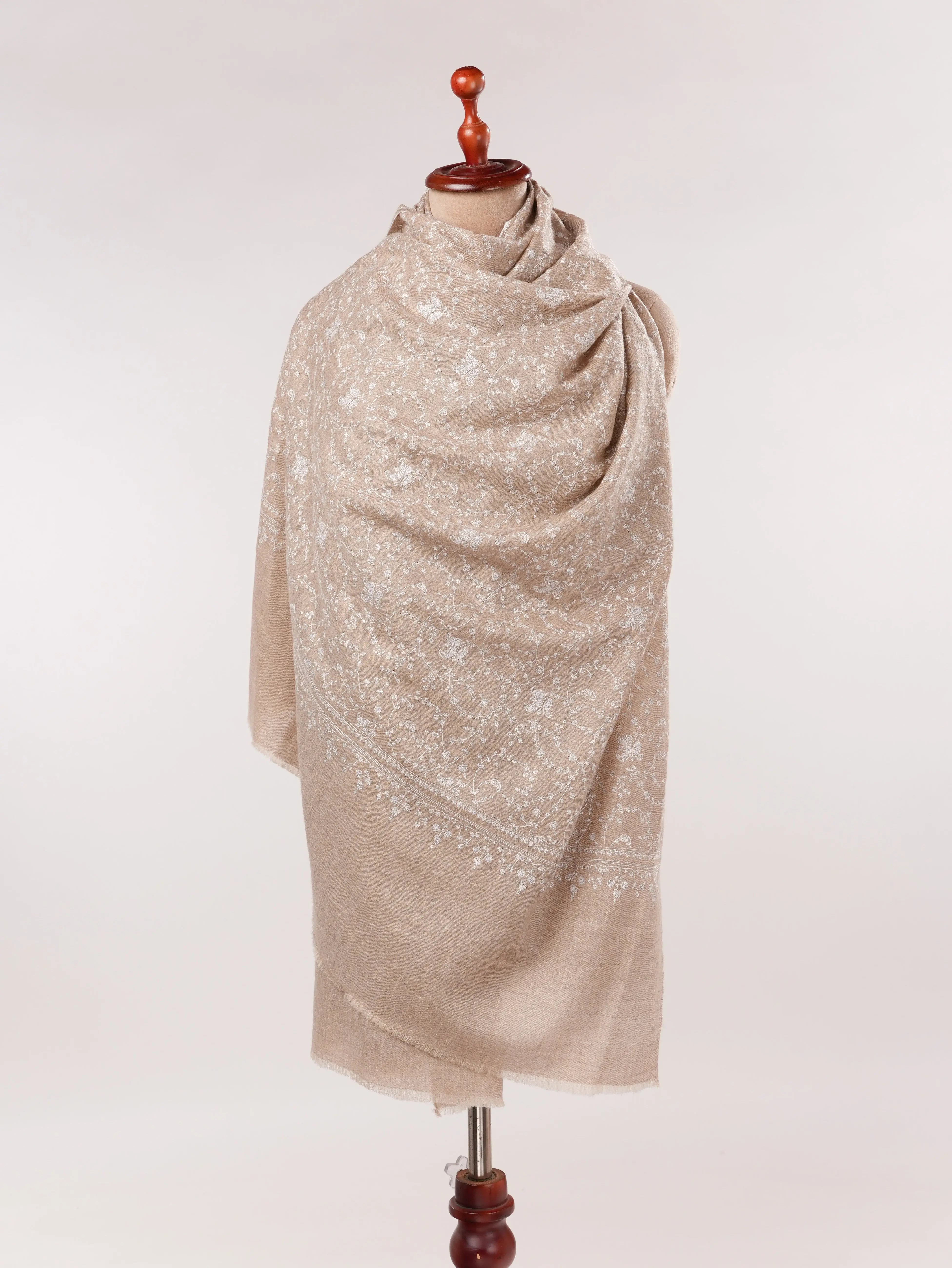 White Hand Embroidered Jali Natural White Kashmiri Handwoven Pashmina Shawl Shahkaar.com