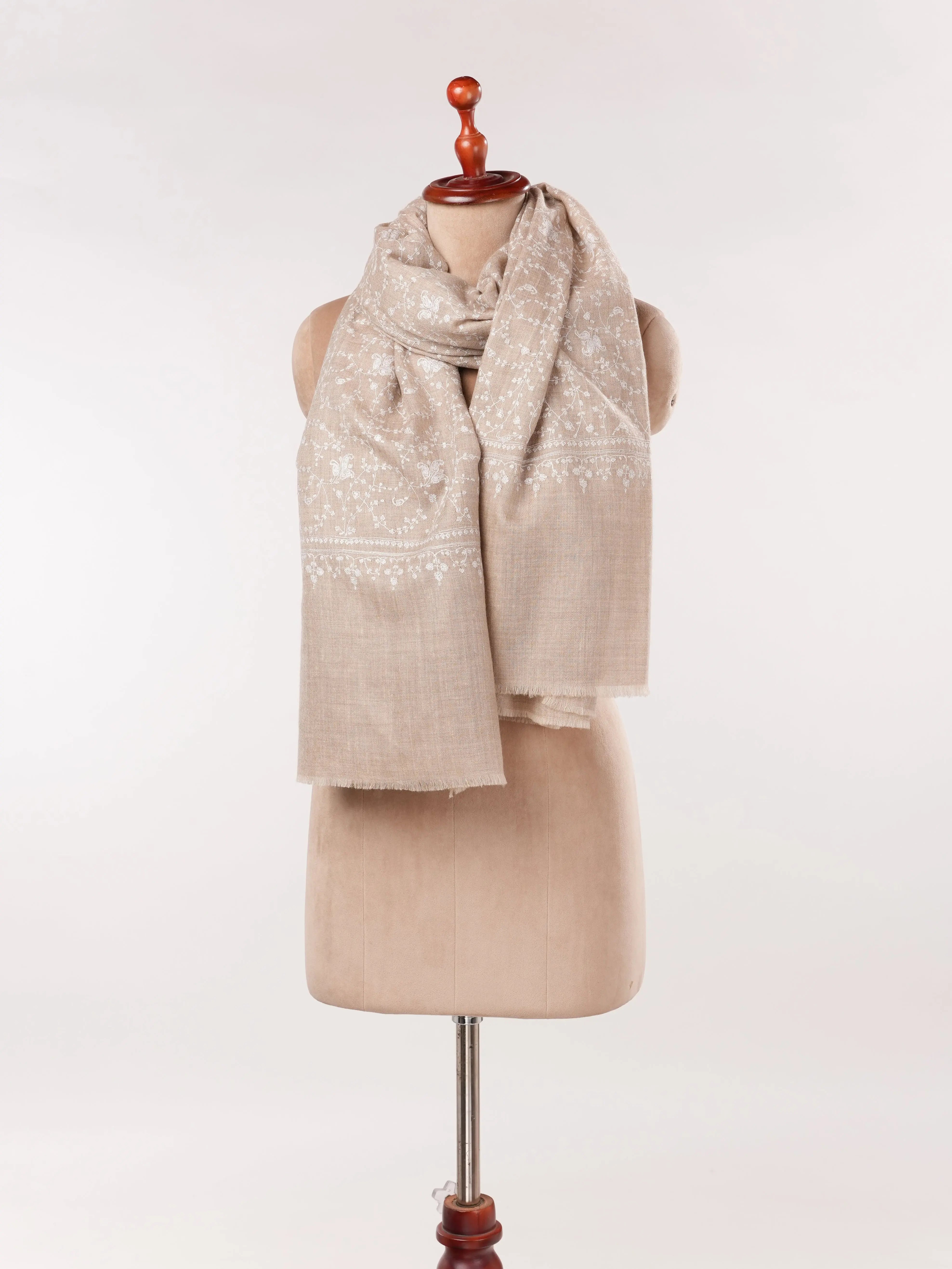 White Hand Embroidered Jali Natural White Kashmiri Handwoven Pashmina Shawl Shahkaar.com