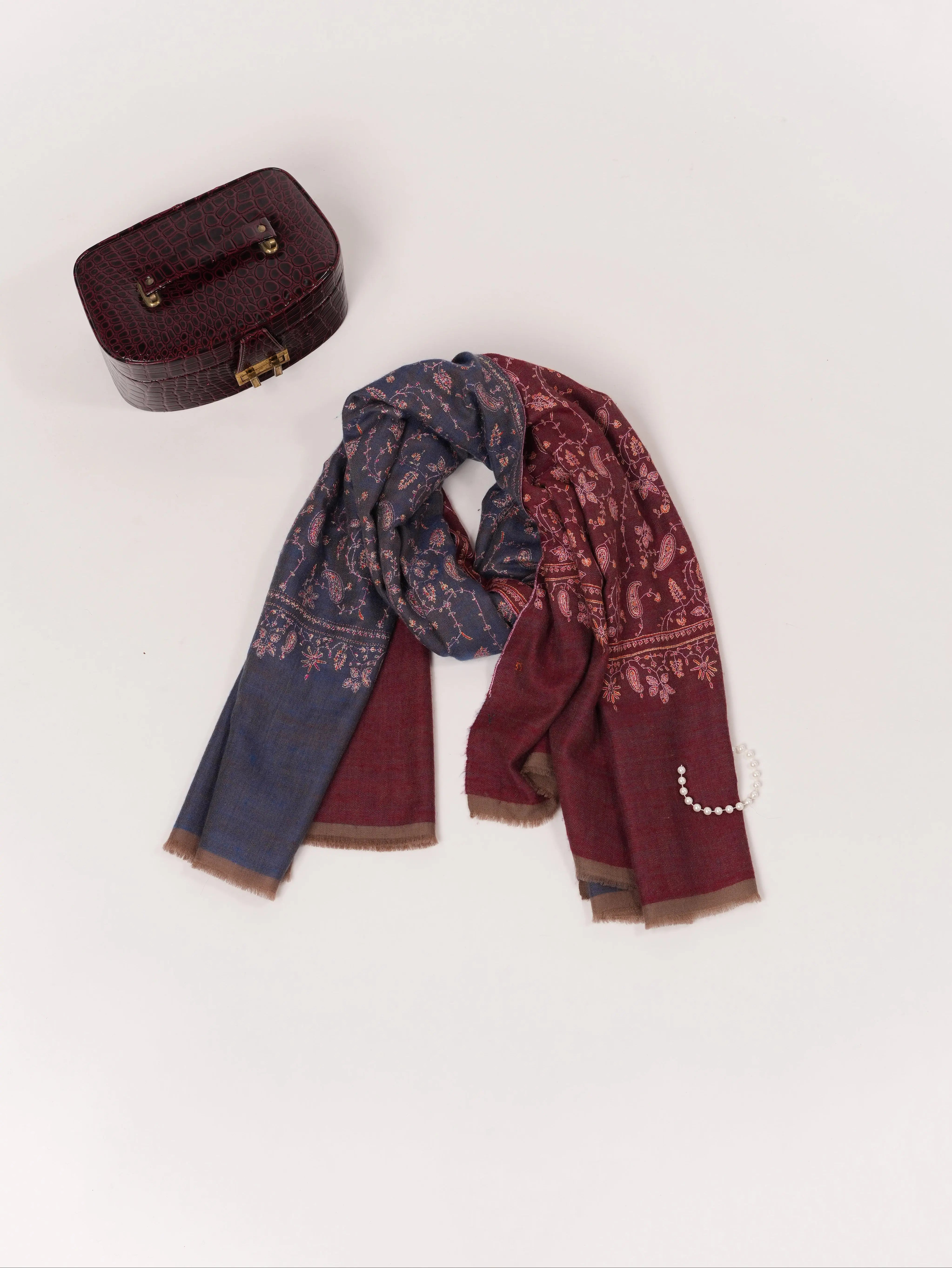 Double Shade Burgundy Blue Jali Hand Sozni Embroidered Handwoven Pashmina Shawl Shahkaar.com