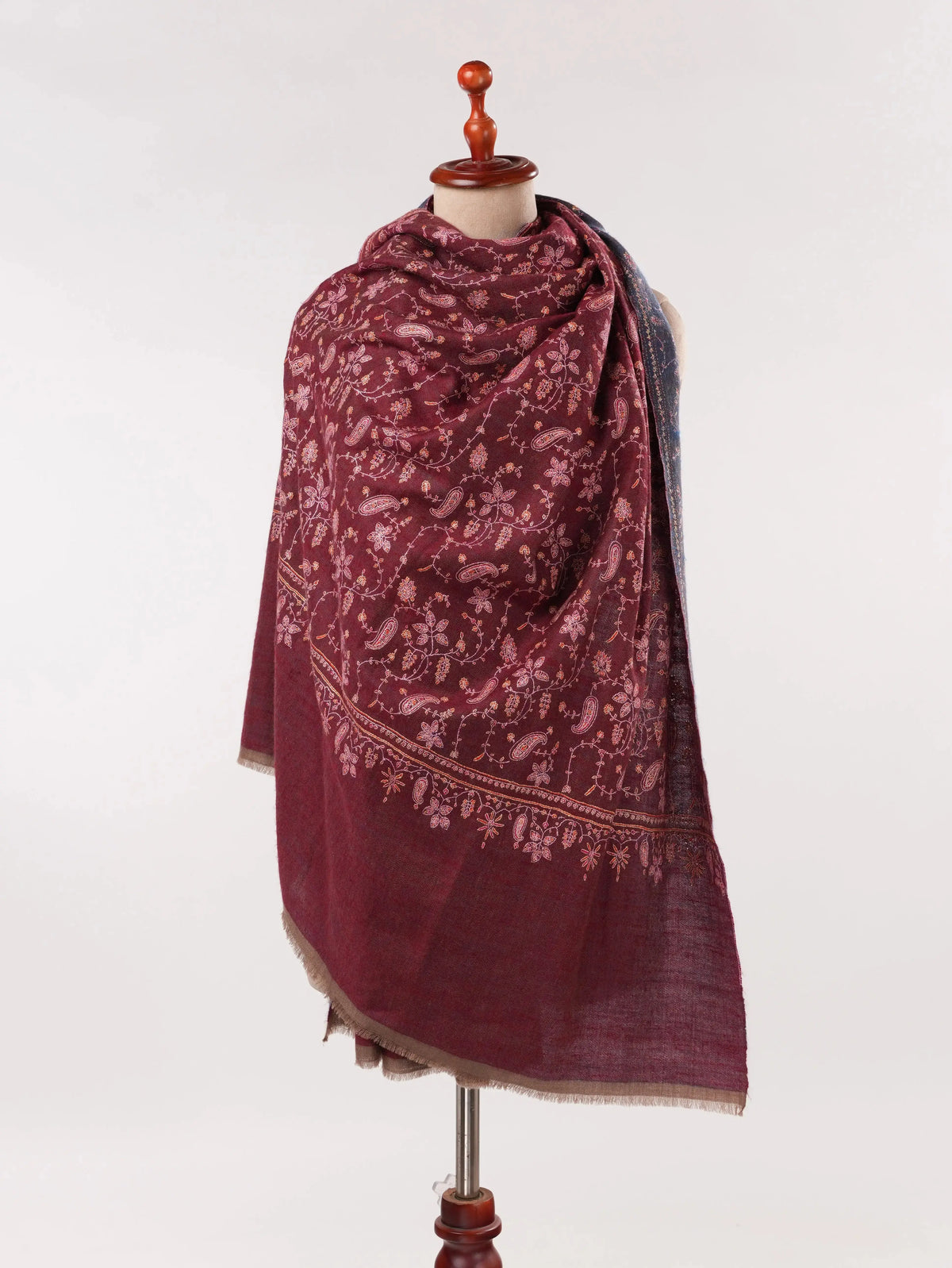 Double Shade Burgundy Blue Jali Hand Sozni Embroidered Handwoven Pashmina Shawl Shahkaar.com