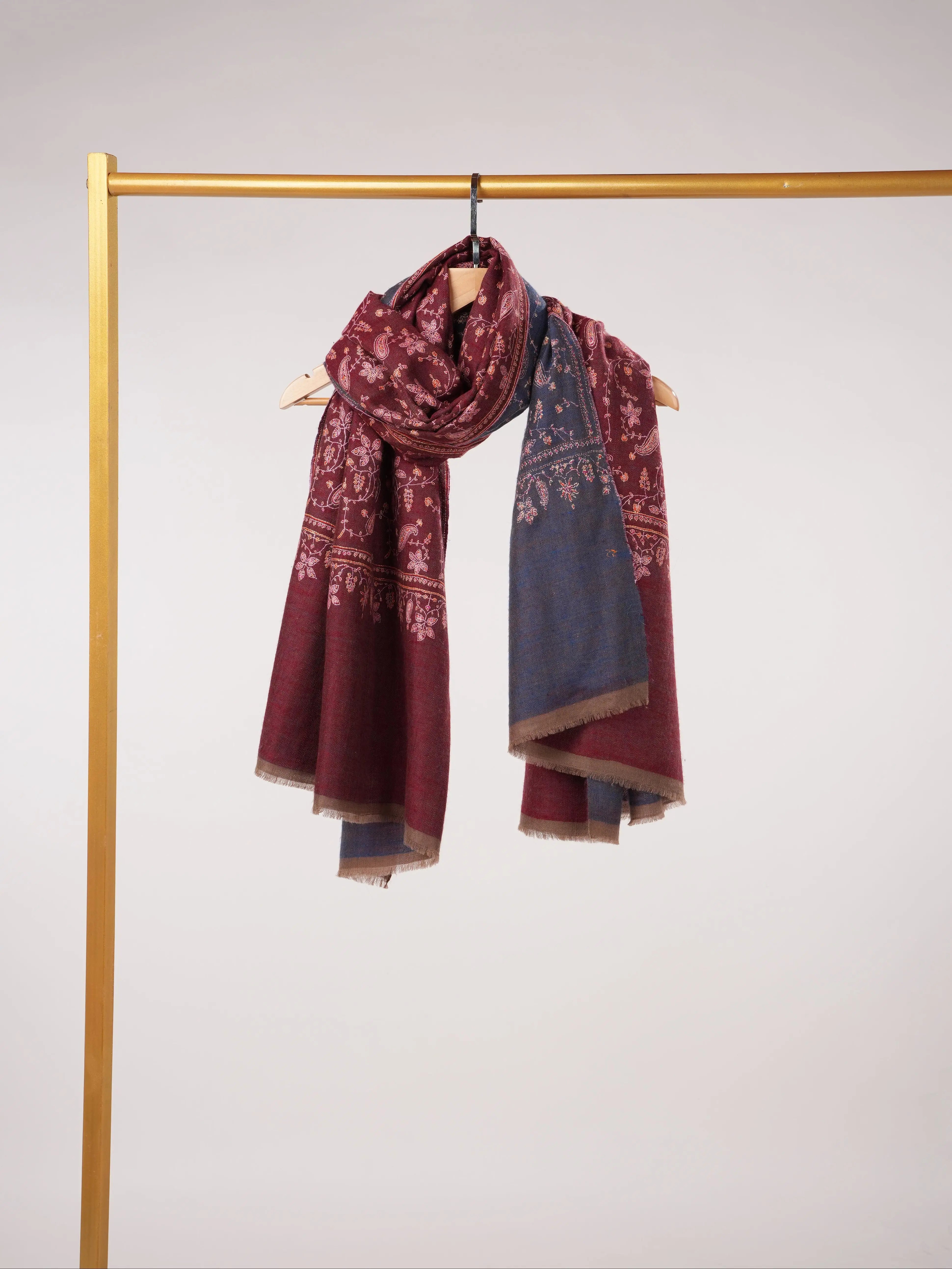 Double Shade Burgundy Blue Jali Hand Sozni Embroidered Handwoven Pashmina Shawl Shahkaar.com
