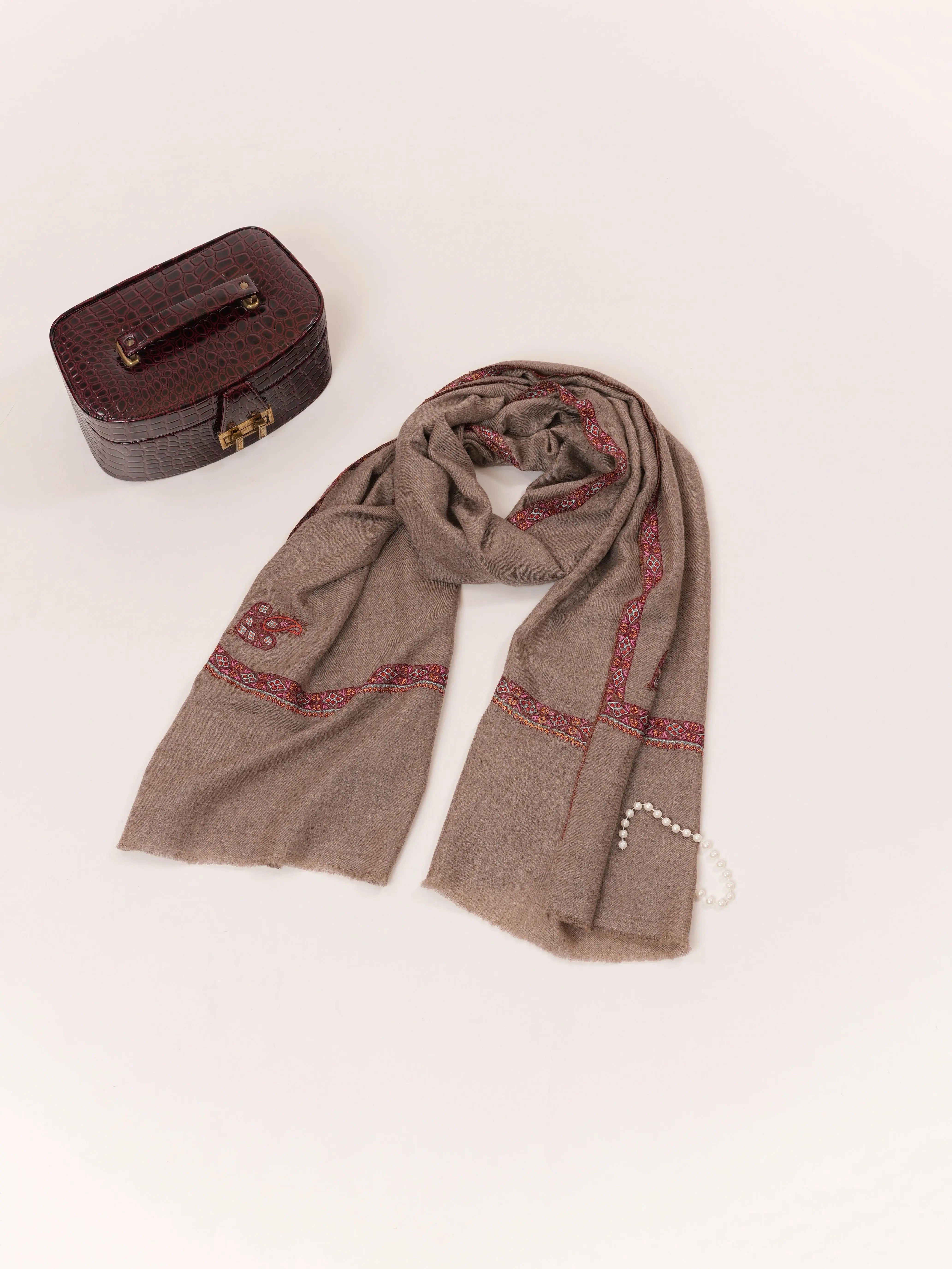 Natural Taupe Hashidar Scarf in Cashmere with Sozni Embroidery Shahkaar.com