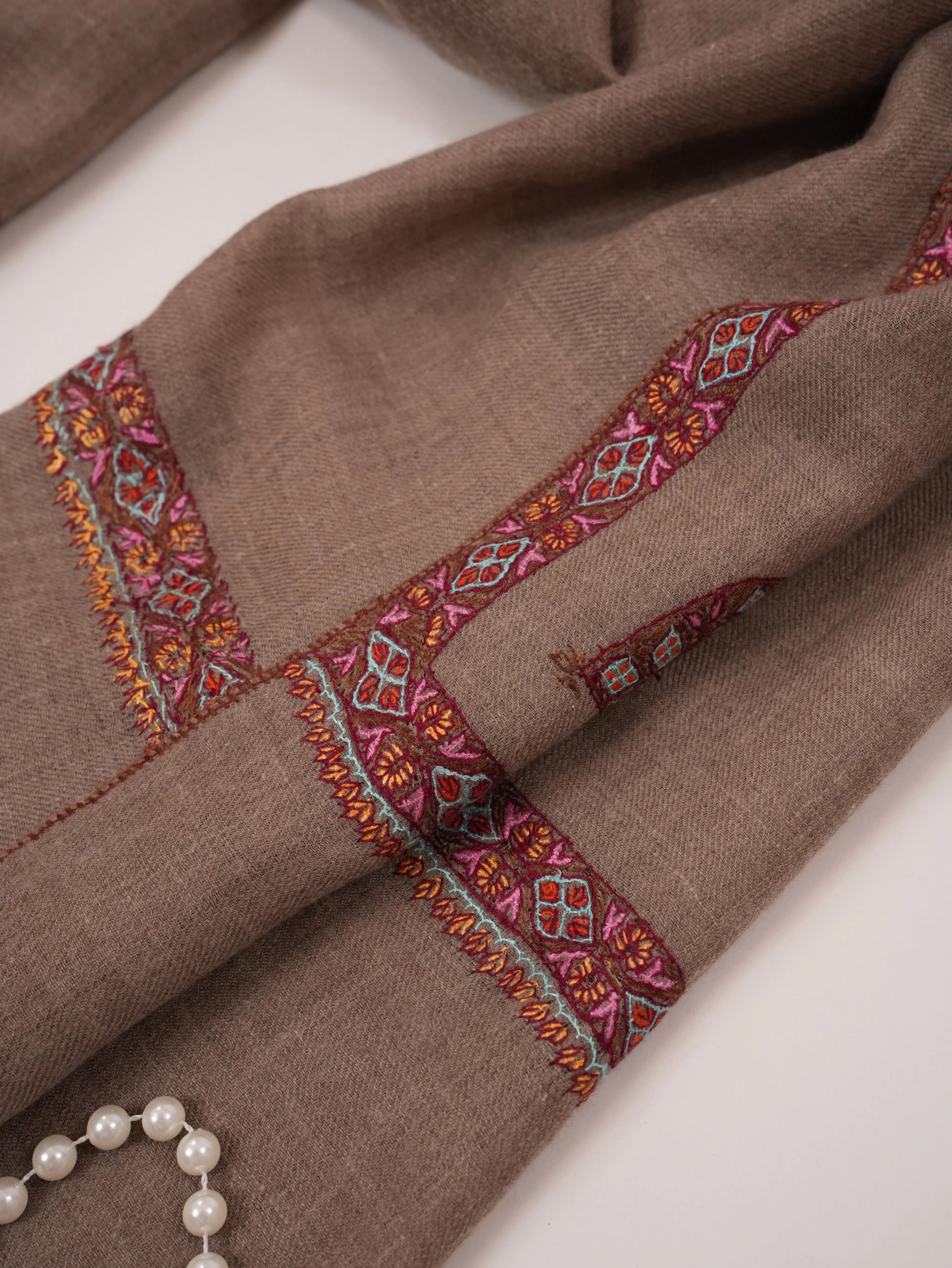 Natural Taupe Hashidar Scarf in Cashmere with Sozni Embroidery Shahkaar.com