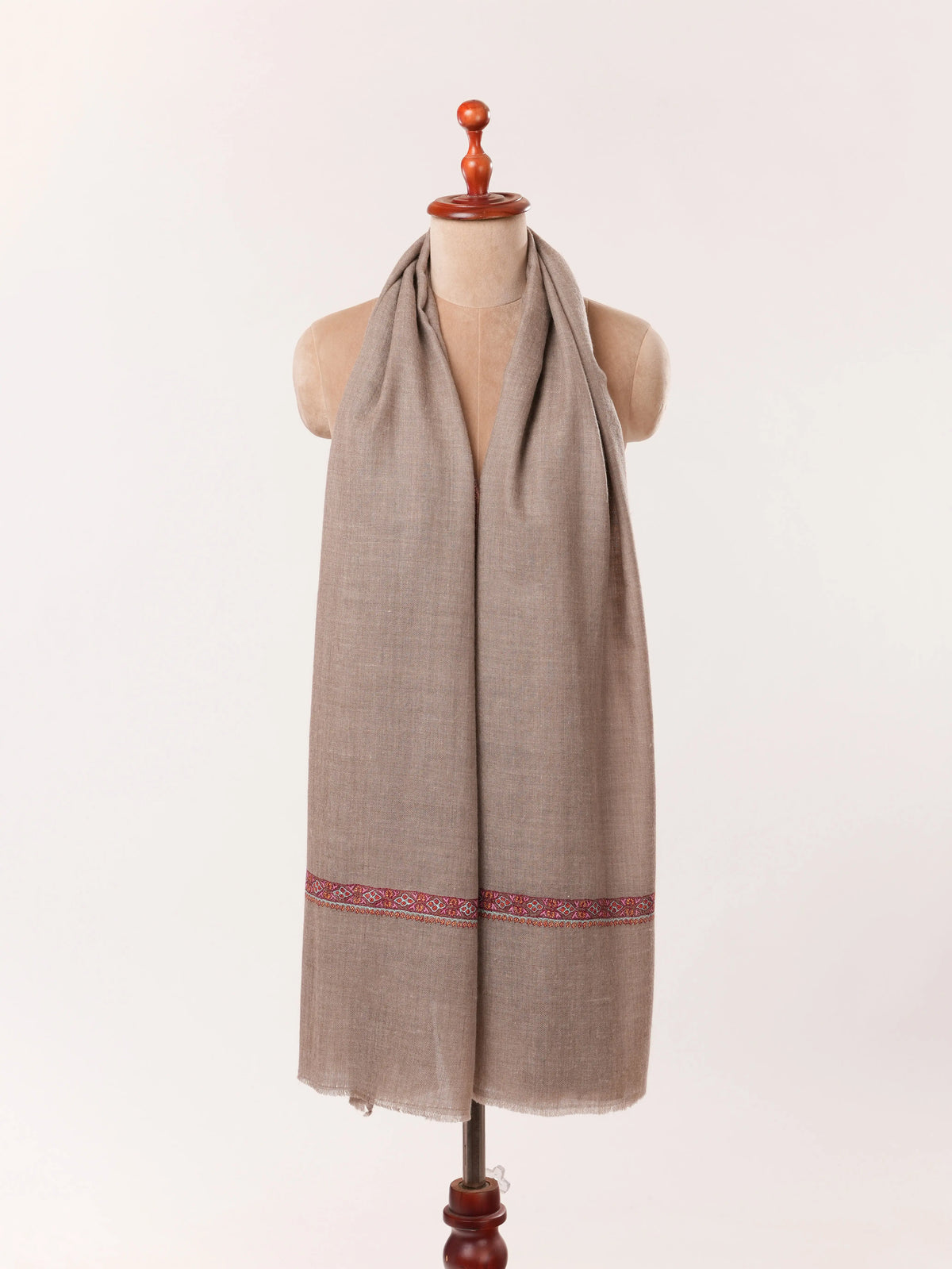 Natural Taupe Hashidar Scarf in Cashmere with Sozni Embroidery Shahkaar.com