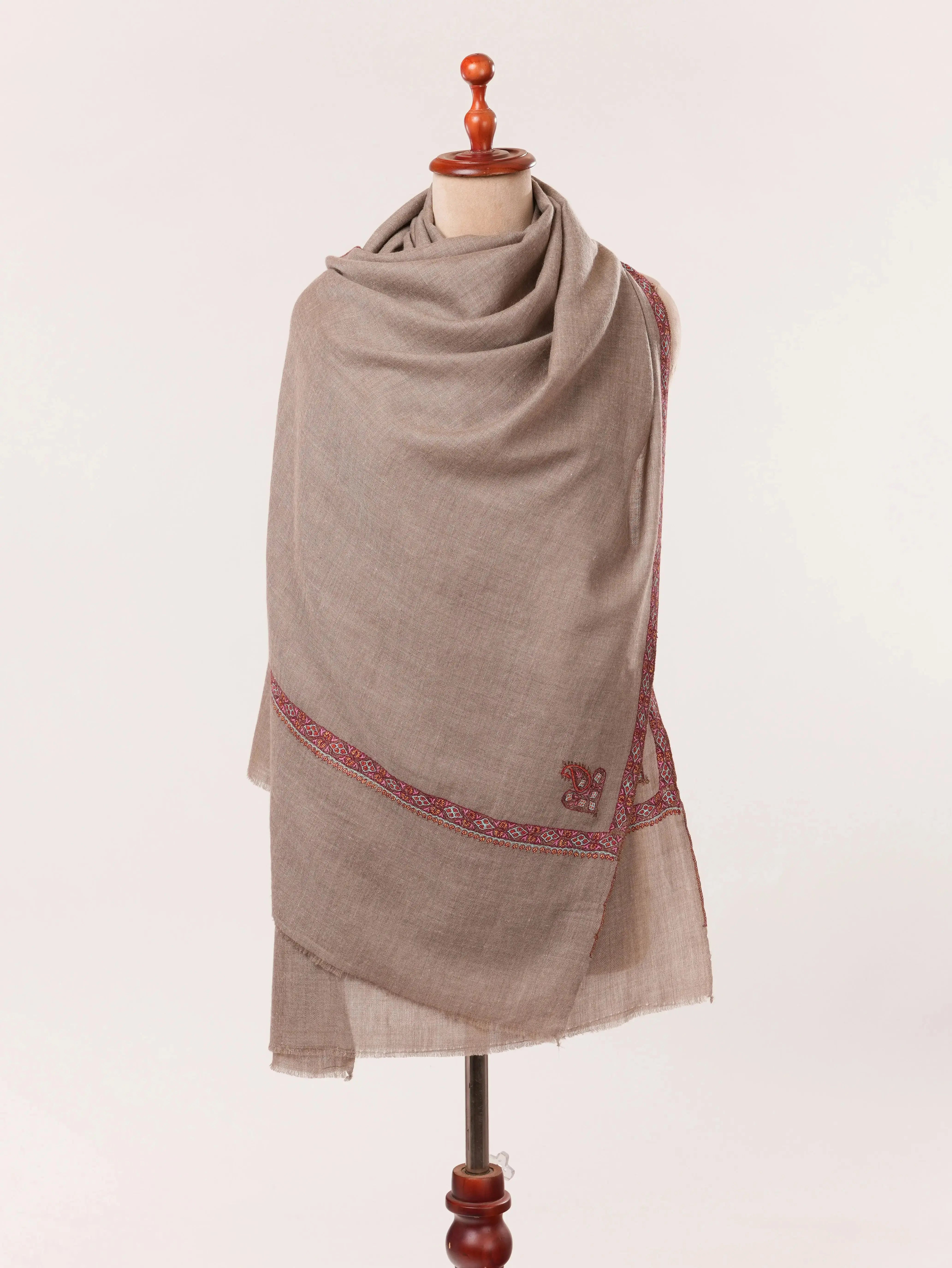 Natural Taupe Hashidar Scarf in Cashmere with Sozni Embroidery Shahkaar.com