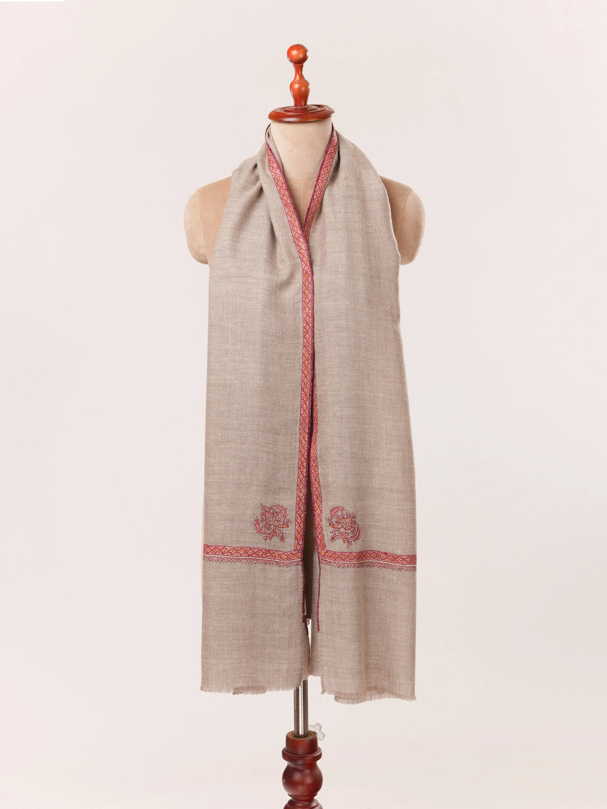 Natural Taupe Cashmere Scarf Featuring Hashia Hand Sozni Embroidery from Kashmiri Shahkaar.com