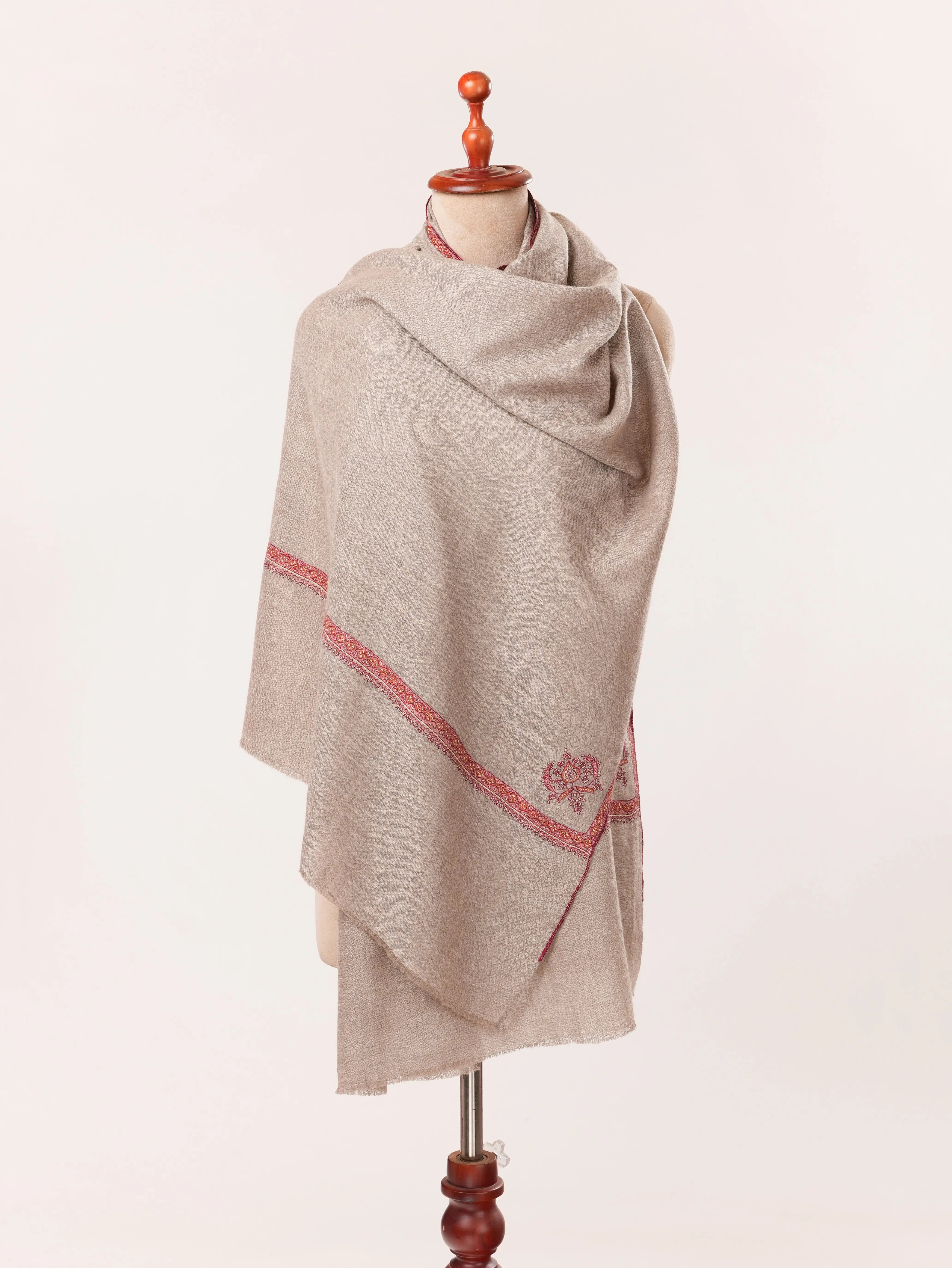 Natural Taupe Cashmere Scarf Featuring Hashia Hand Sozni Embroidery from Kashmiri Shahkaar.com
