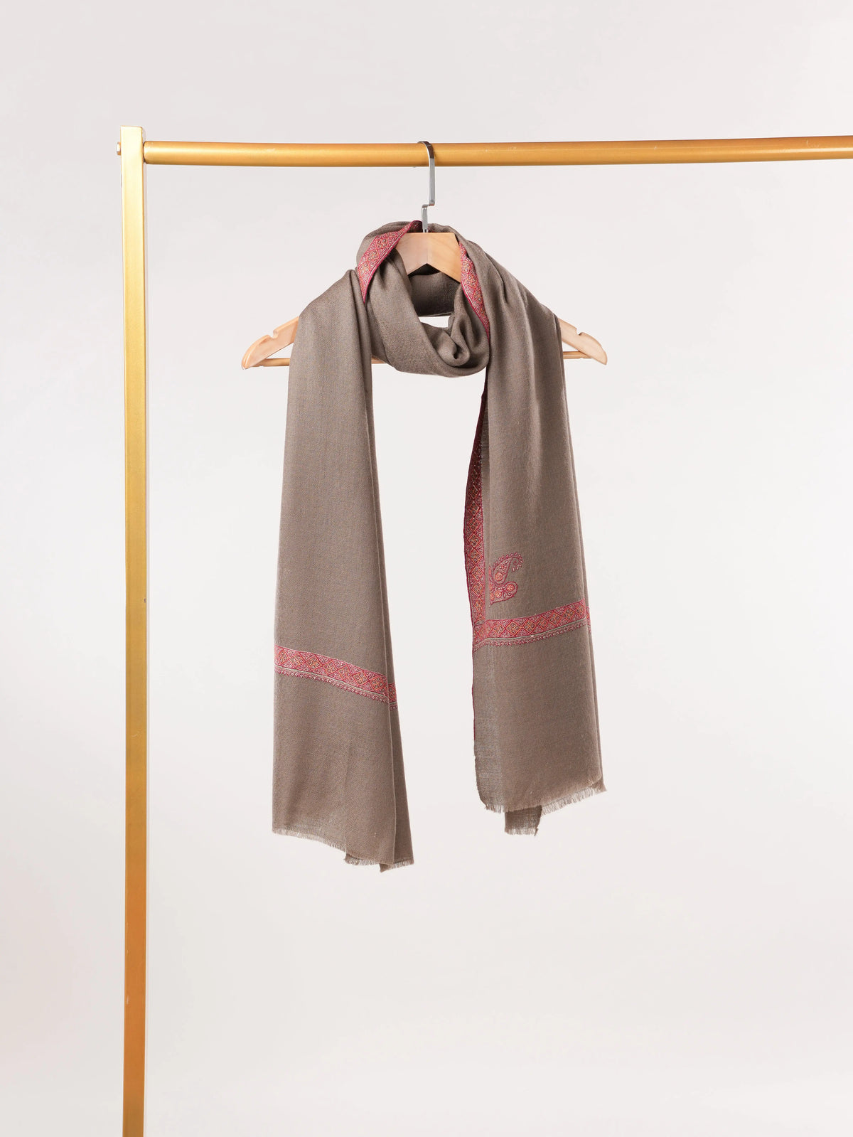 Handwoven Taupe Hashidar Sozni Embroidered Pure Cashmere Scarf