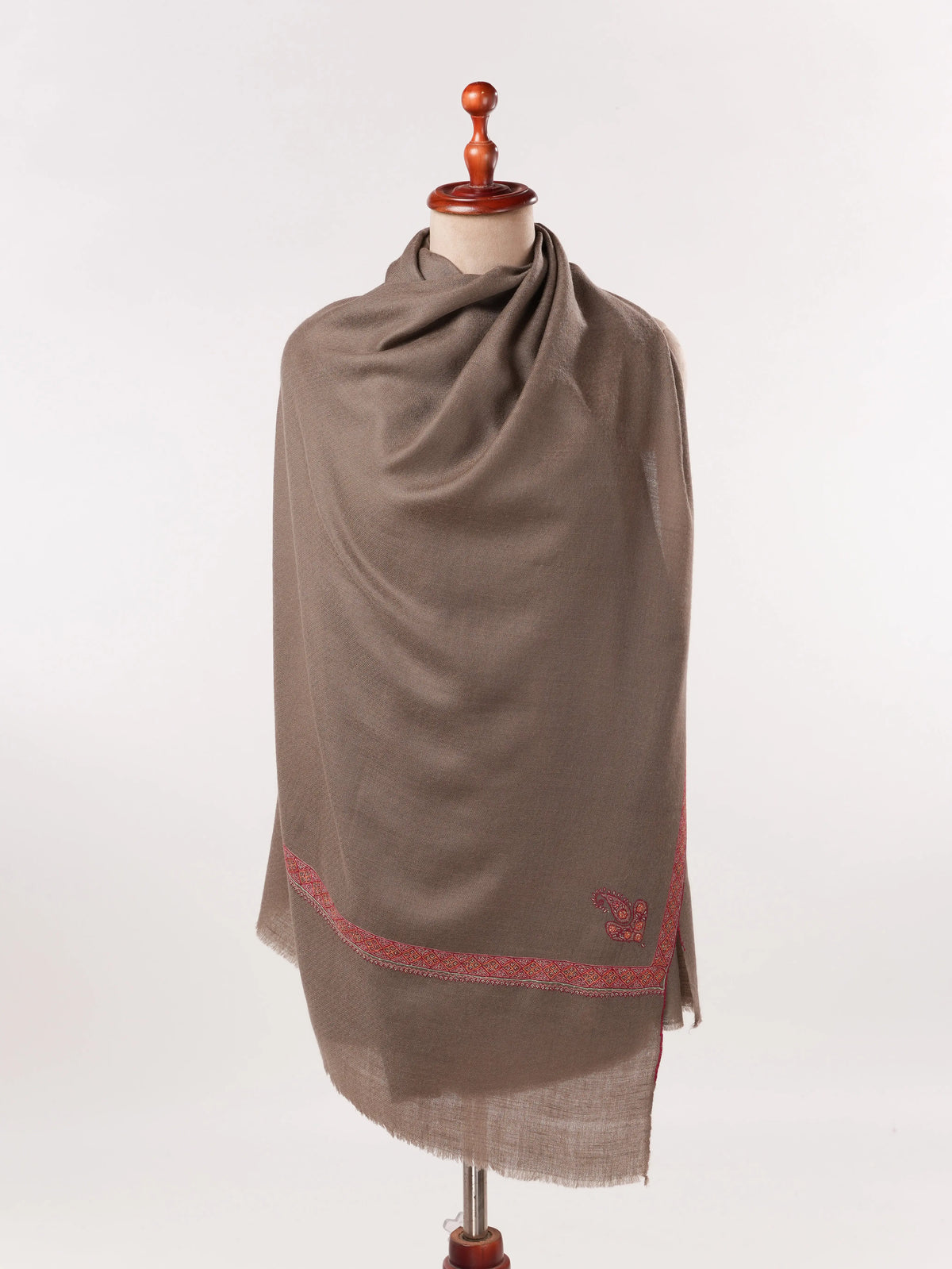 Handwoven Taupe Hashidar Sozni Embroidered Pure Cashmere Scarf