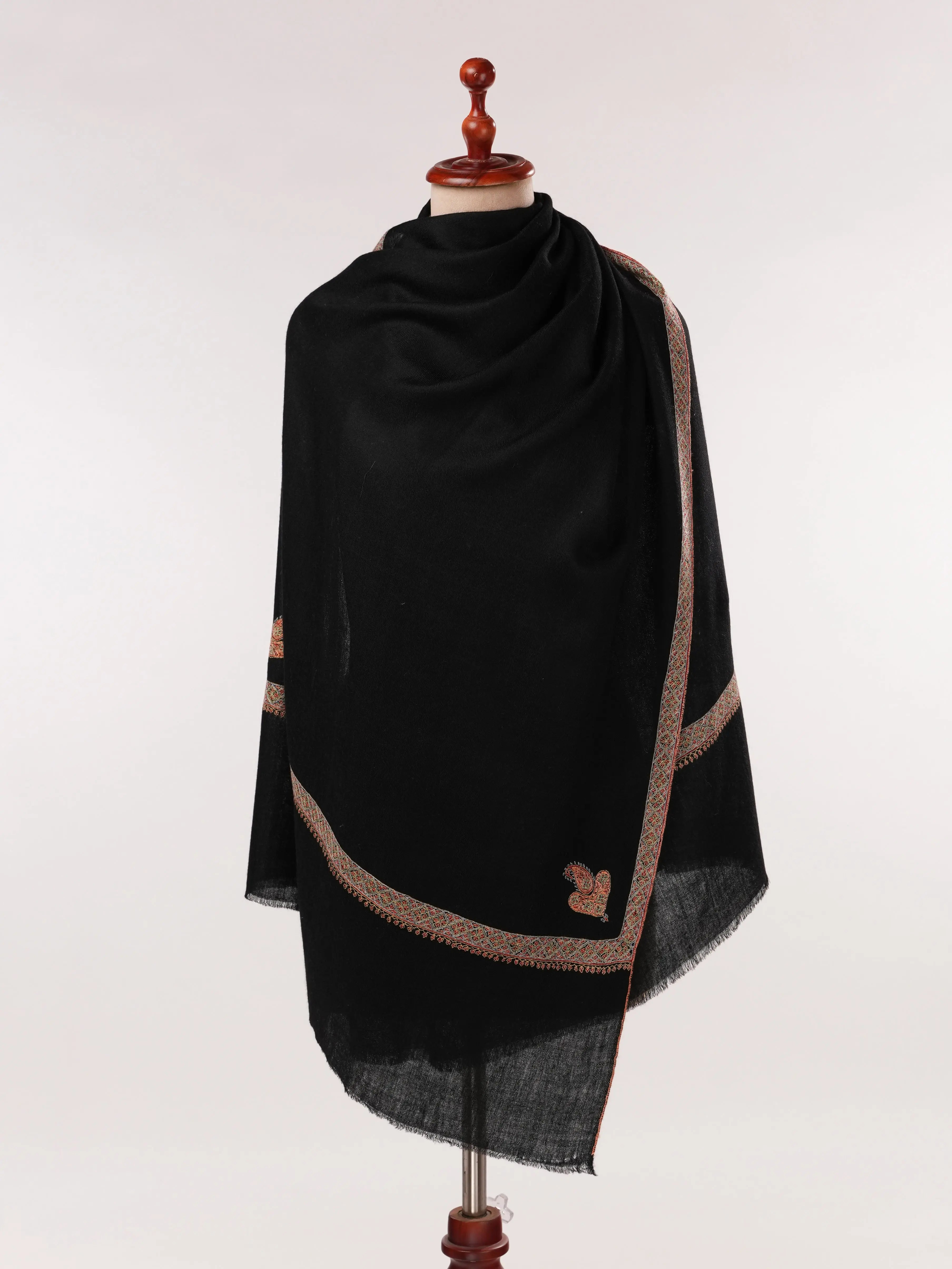 Black Handwoven Soft Cashmere Scarf with Kashmiri Hashia Sozni Embroidery Shahkaar.com