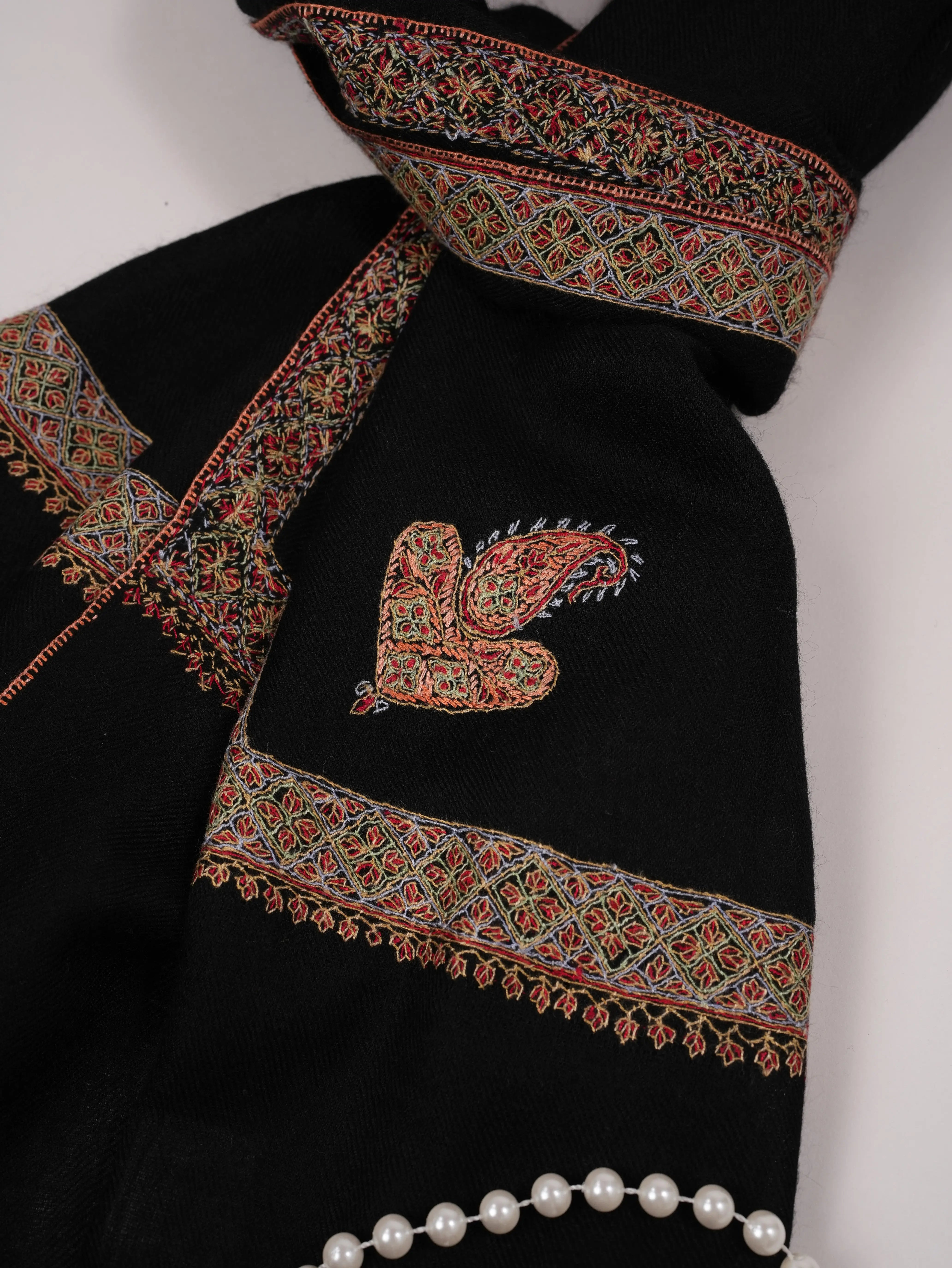 Black Handwoven Soft Cashmere Scarf with Kashmiri Hashia Sozni Embroidery Shahkaar.com