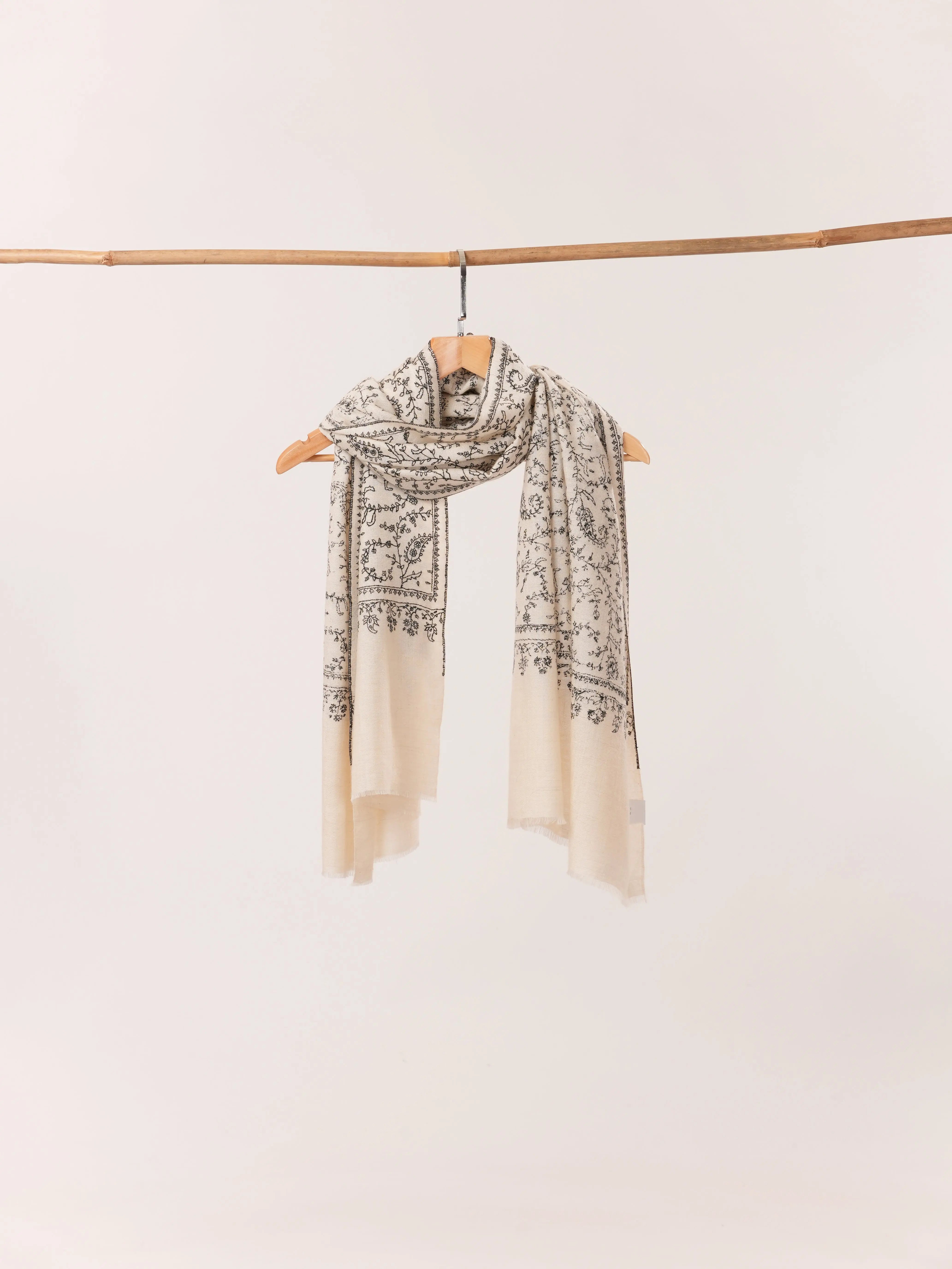 Natural White Cashmere Scarf Handwoven in Kashmir with Black Sozni Jali Embroidery Shahkaar.com