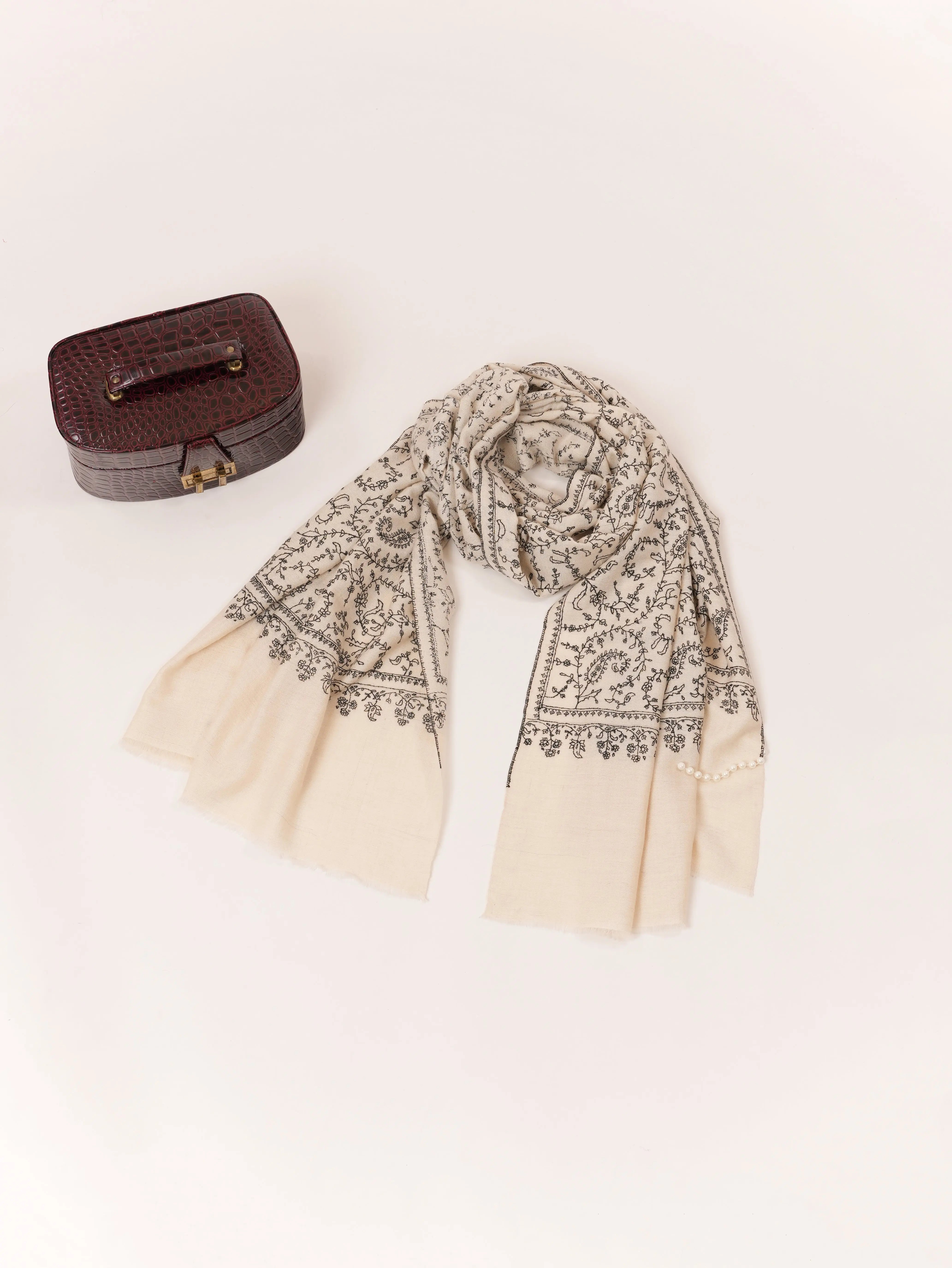 Natural White Cashmere Scarf Handwoven in Kashmir with Black Sozni Jali Embroidery Shahkaar.com