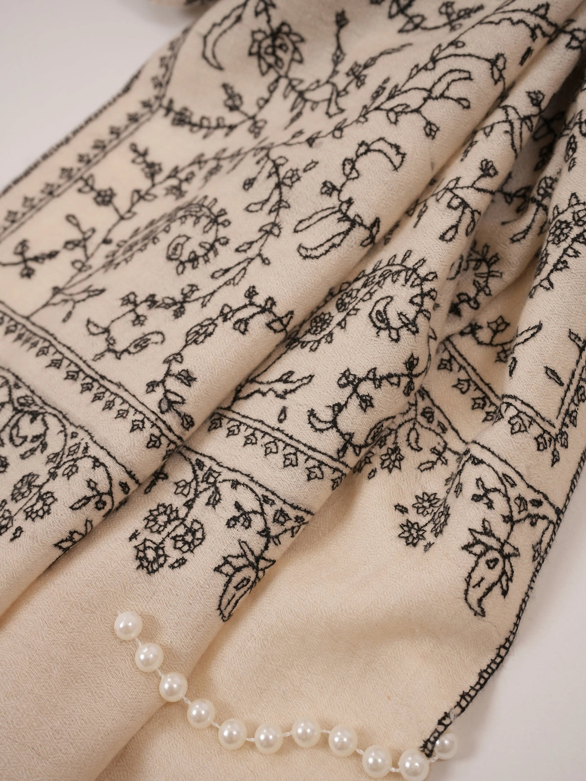 Natural White Cashmere Scarf Handwoven in Kashmir with Black Sozni Jali Embroidery Shahkaar.com