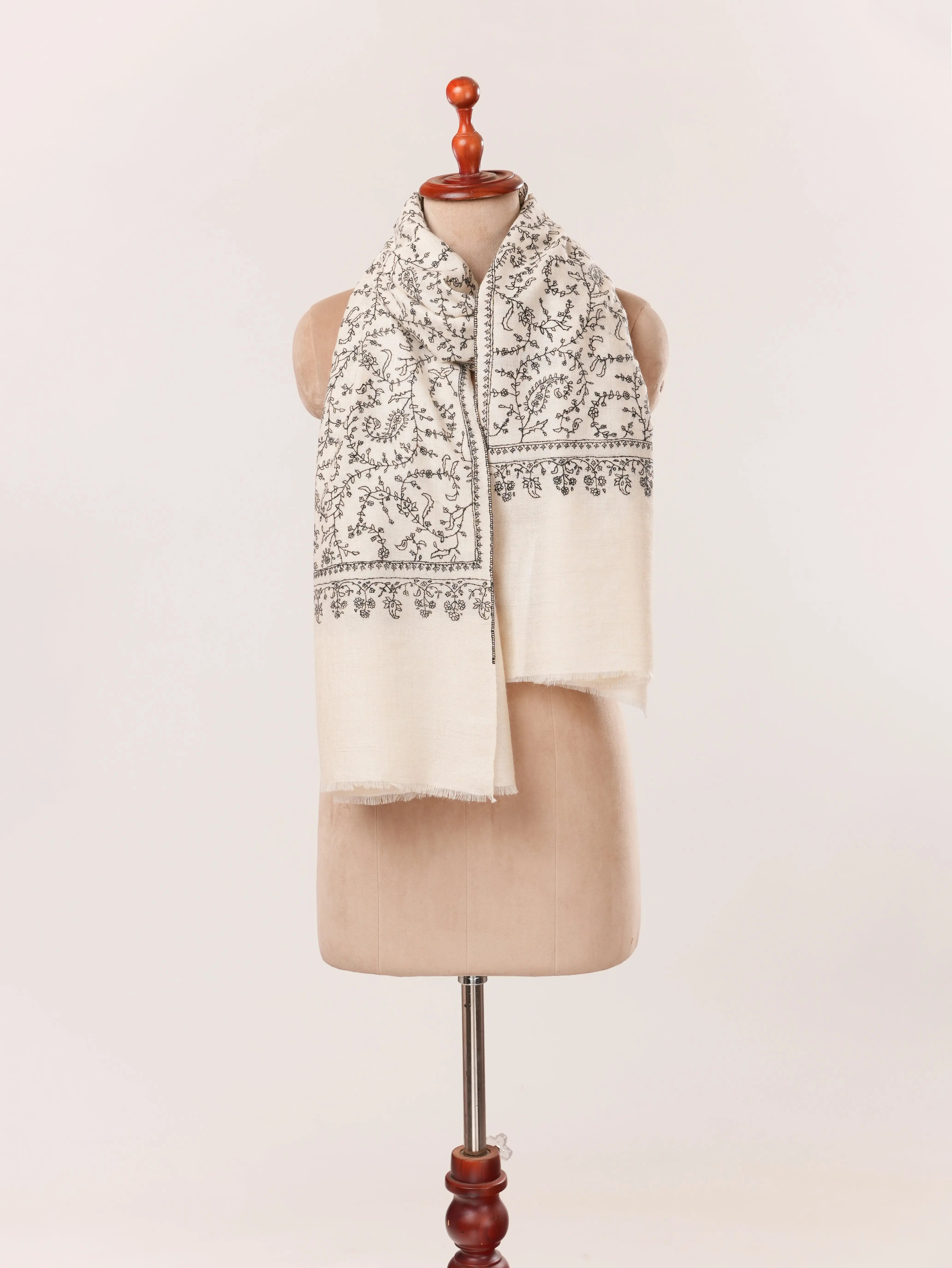 Natural White Cashmere Scarf Handwoven in Kashmir with Black Sozni Jali Embroidery Shahkaar.com
