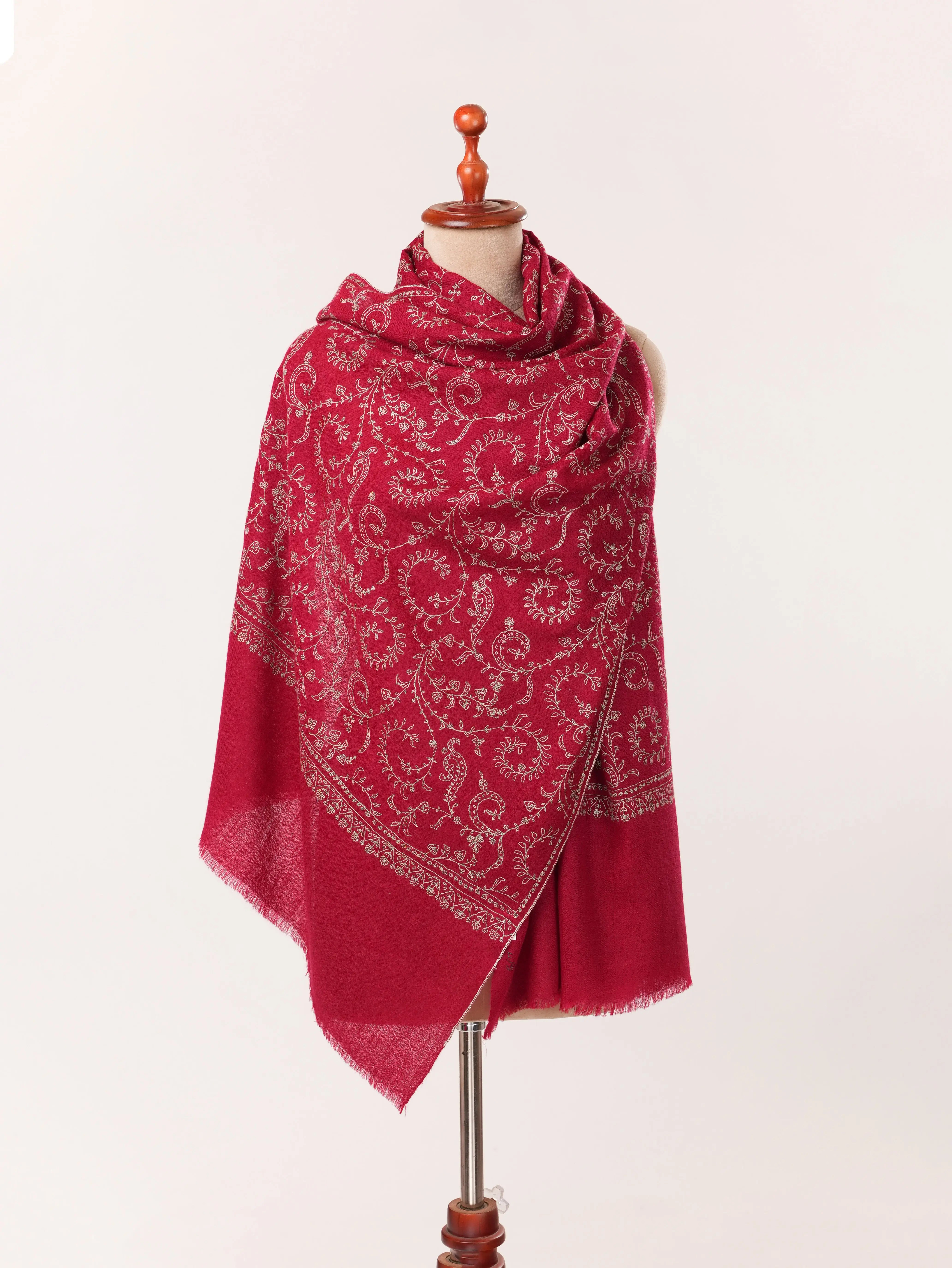 Maroon Baby Soft Cashmere Scarf with Jali Hand Sozni Embroidery Shahkaar.com