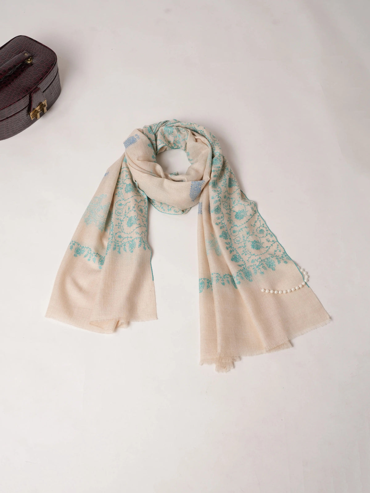 Offwhite Cashmere Scarf with Allover Delicate Hand Embroidery