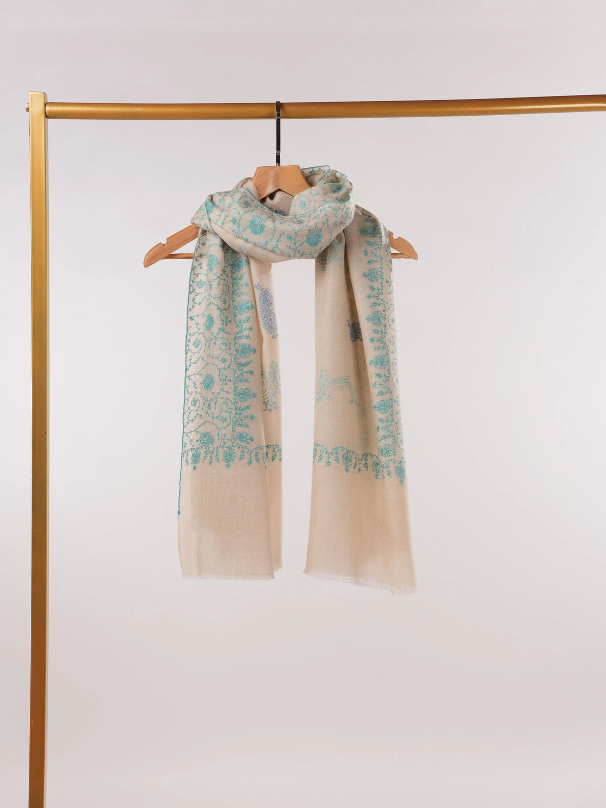 Offwhite Cashmere Scarf with Allover Delicate Hand Embroidery