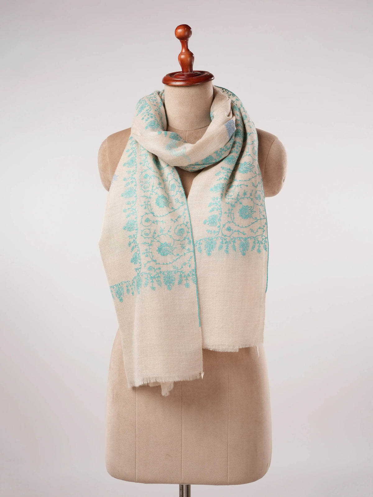 Offwhite Cashmere Scarf with Allover Delicate Hand Embroidery