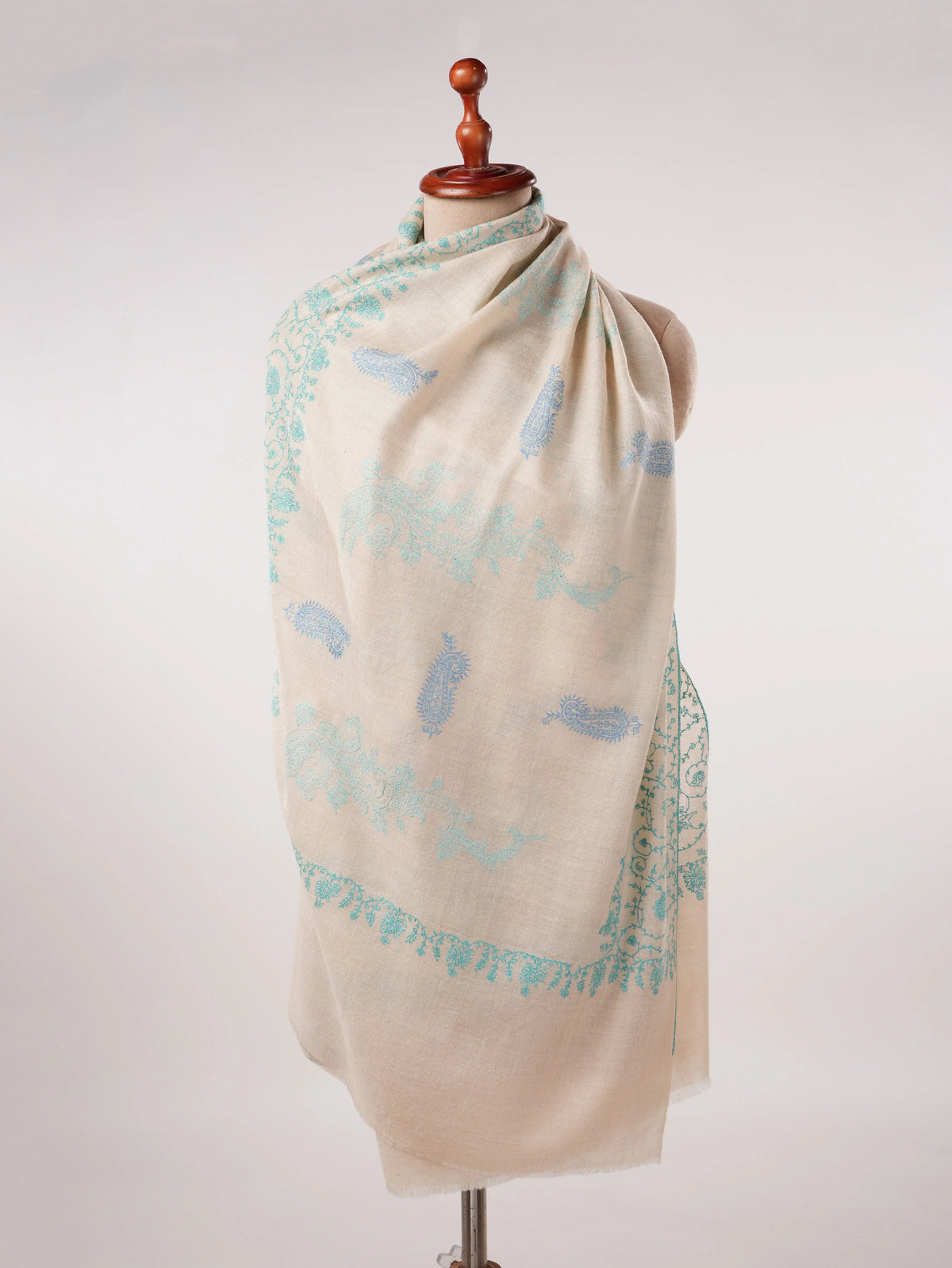 Offwhite Cashmere Scarf with Allover Delicate Hand Embroidery