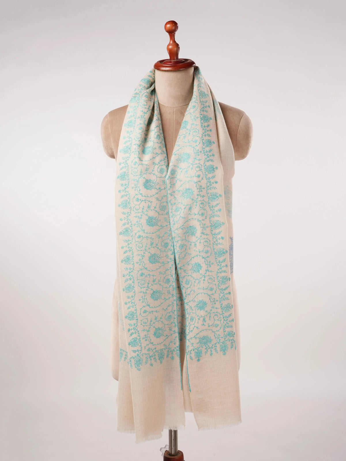 Offwhite Cashmere Scarf with Allover Delicate Hand Embroidery