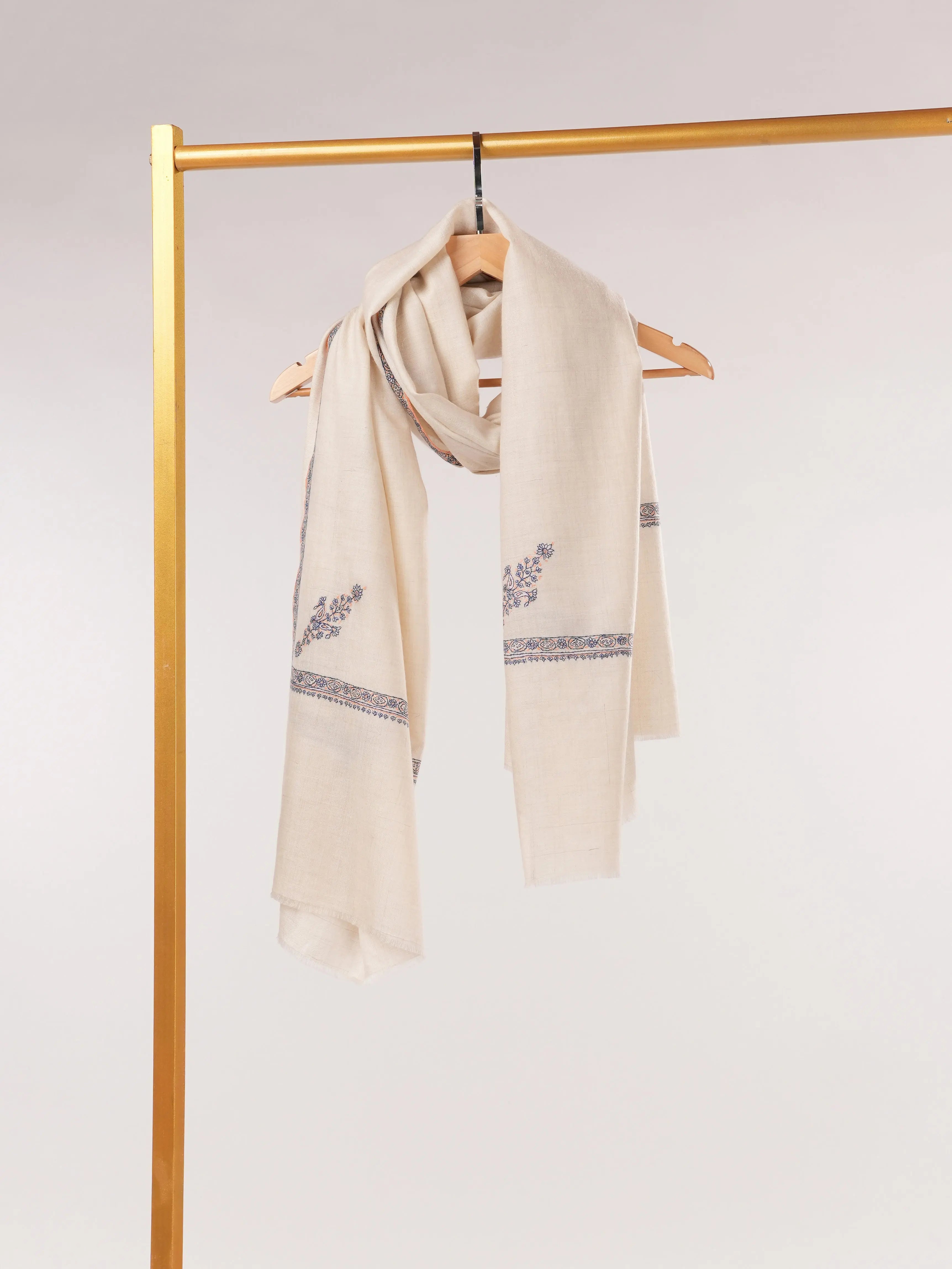 Natural White  Pashmina Shawl with Baildar Hand Embroidery Shahkaar.com