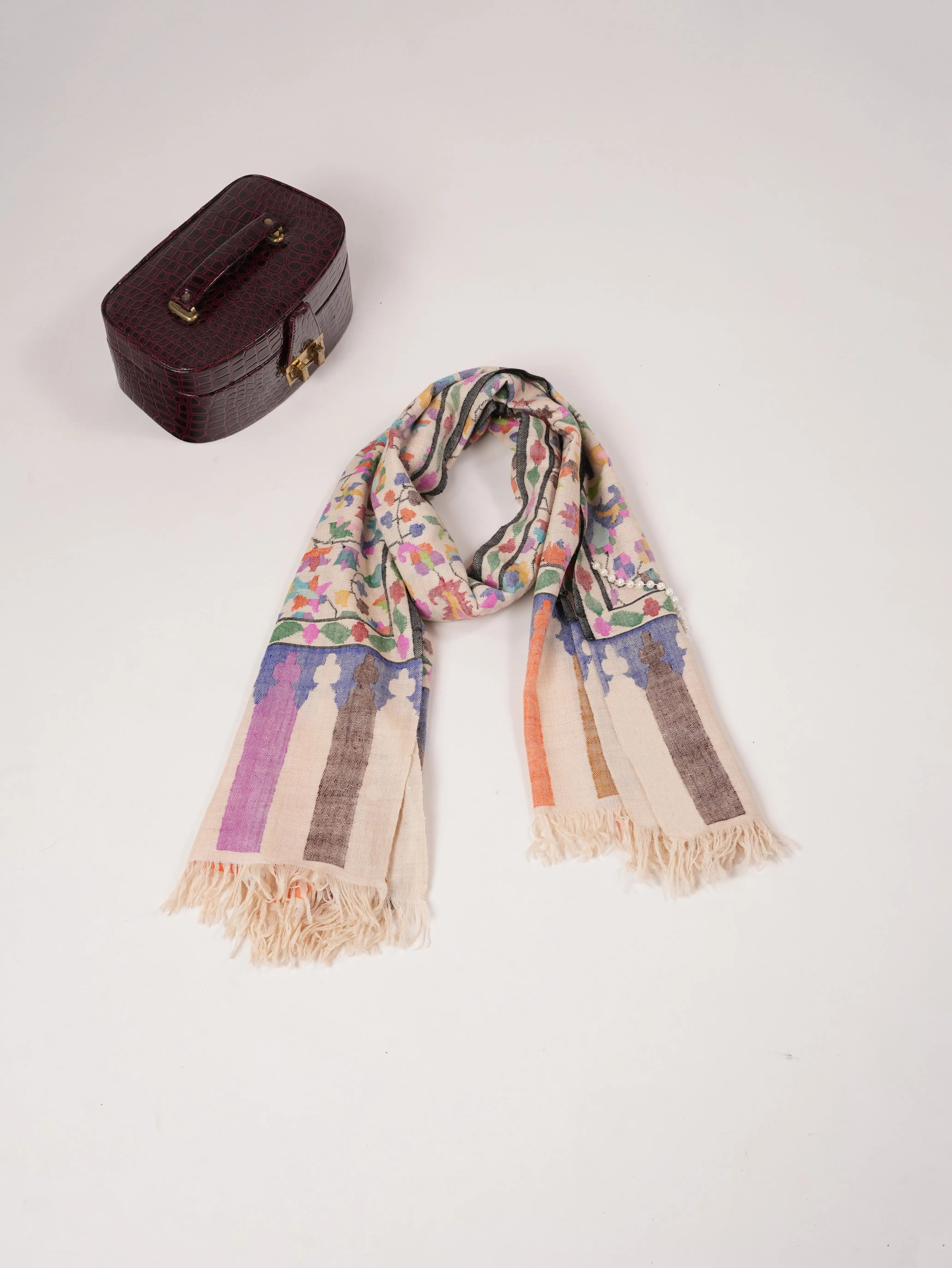 Natural White Kani Handwoven Genuine Pashmina Shawl Shahkaar.com
