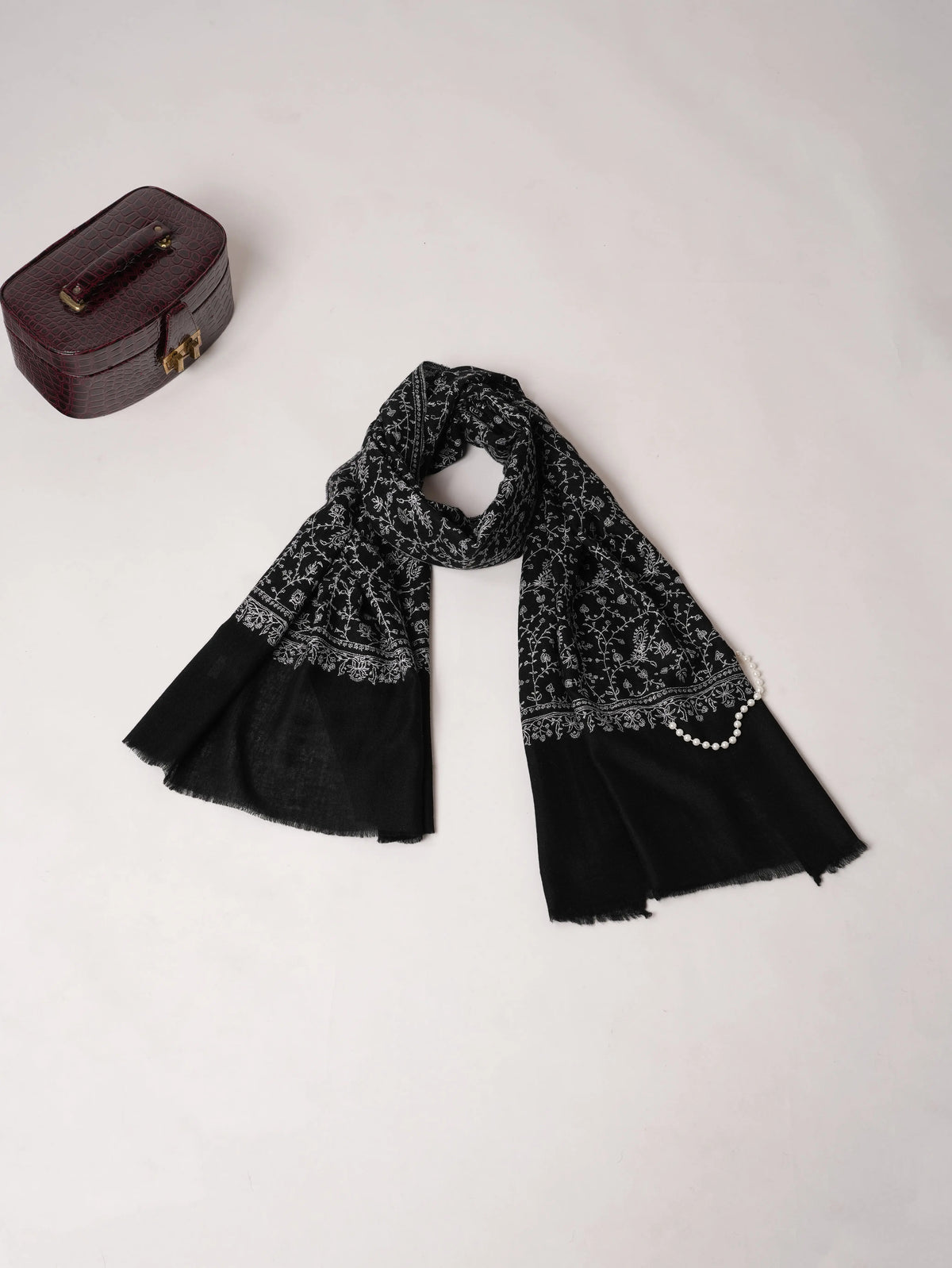 Black Authentic Cashmere Scarf with White Jali Hand Embroidery