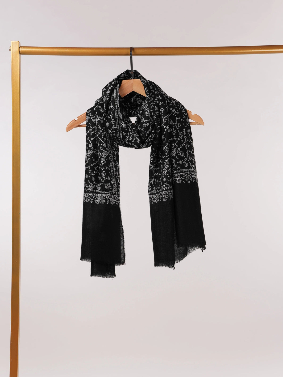 Black Authentic Cashmere Scarf with White Jali Hand Embroidery