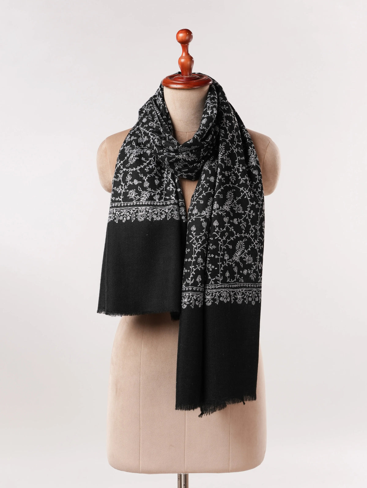 Black Authentic Cashmere Scarf with White Jali Hand Embroidery
