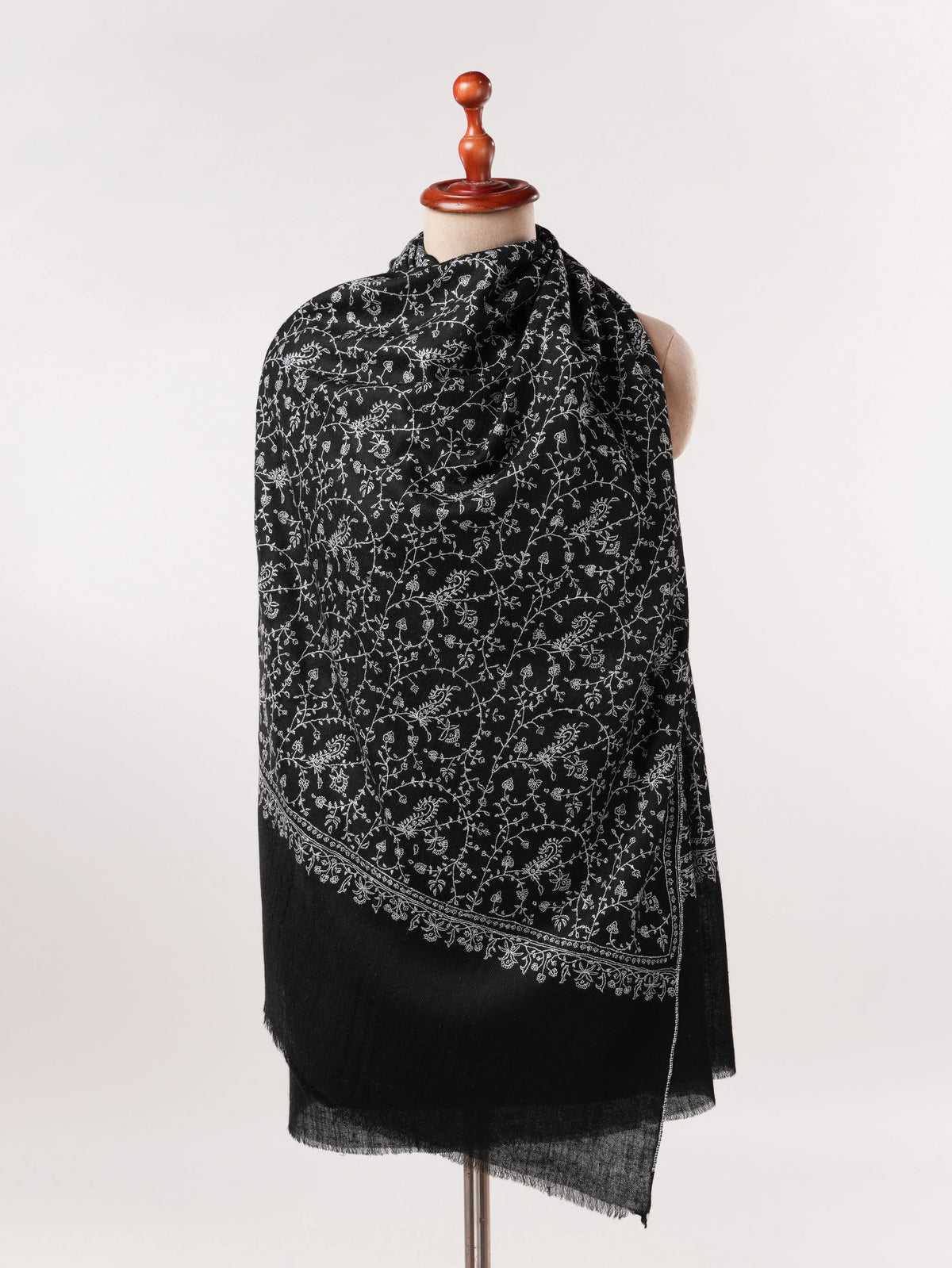 Black Authentic Cashmere Scarf with White Jali Hand Embroidery