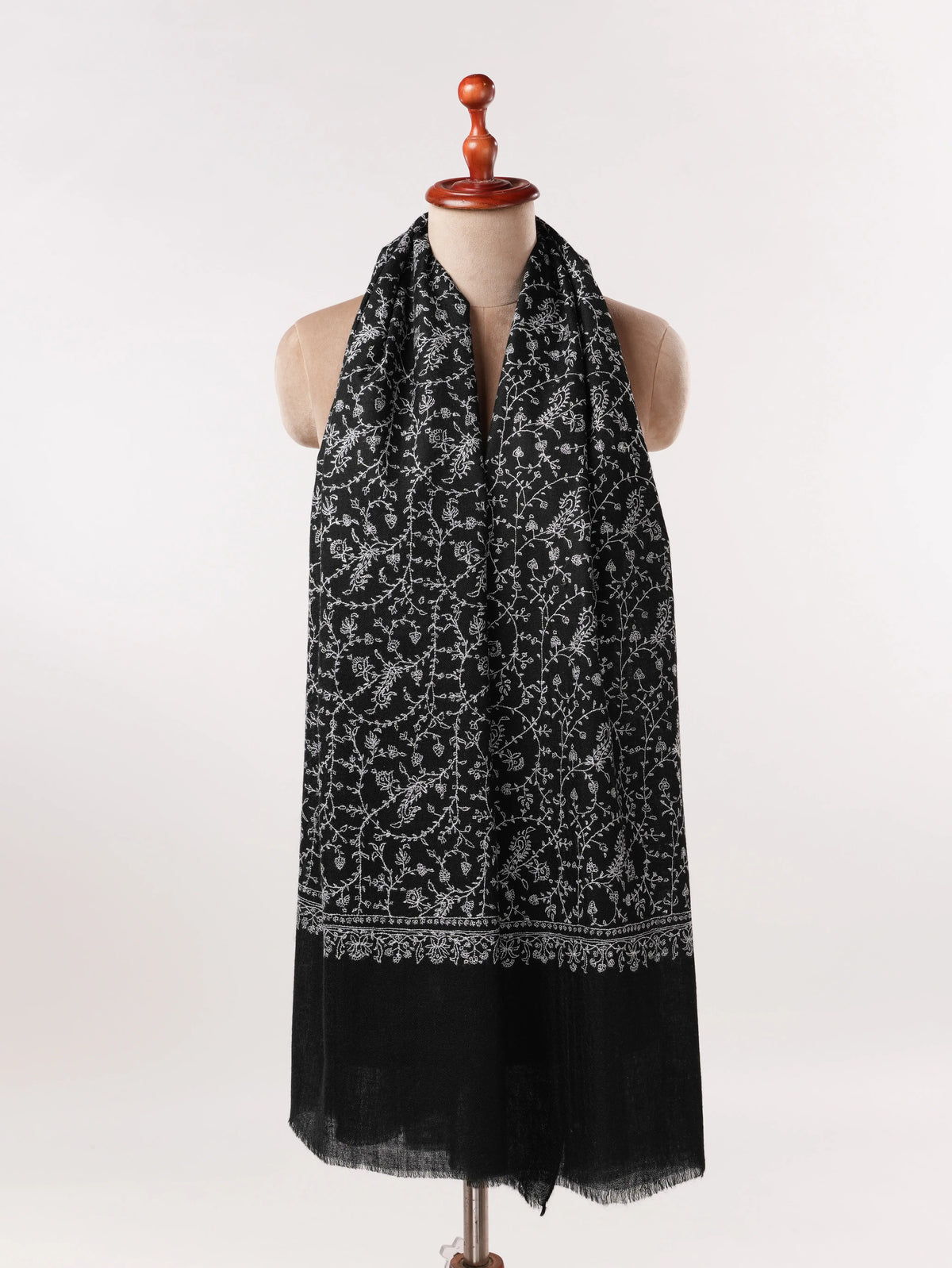 Black Authentic Cashmere Scarf with White Jali Hand Embroidery