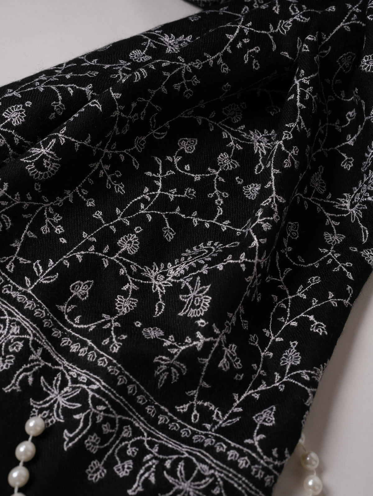 Black Authentic Cashmere Scarf with White Jali Hand Embroidery