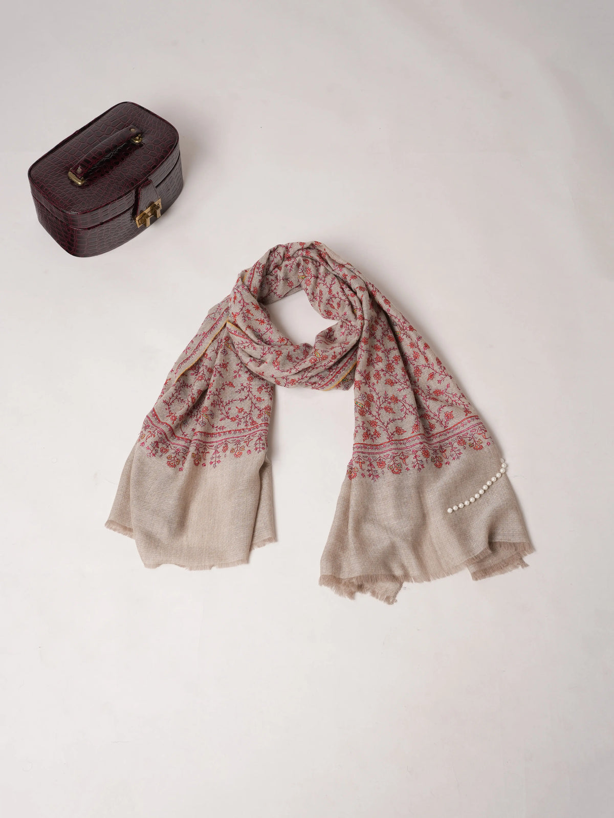 Natural Taupe Classic Cashmere Scarf with Jali Hand Embroidery