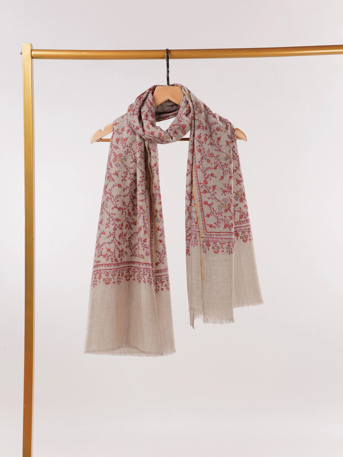 Natural Taupe Classic Cashmere Scarf with Jali Hand Embroidery