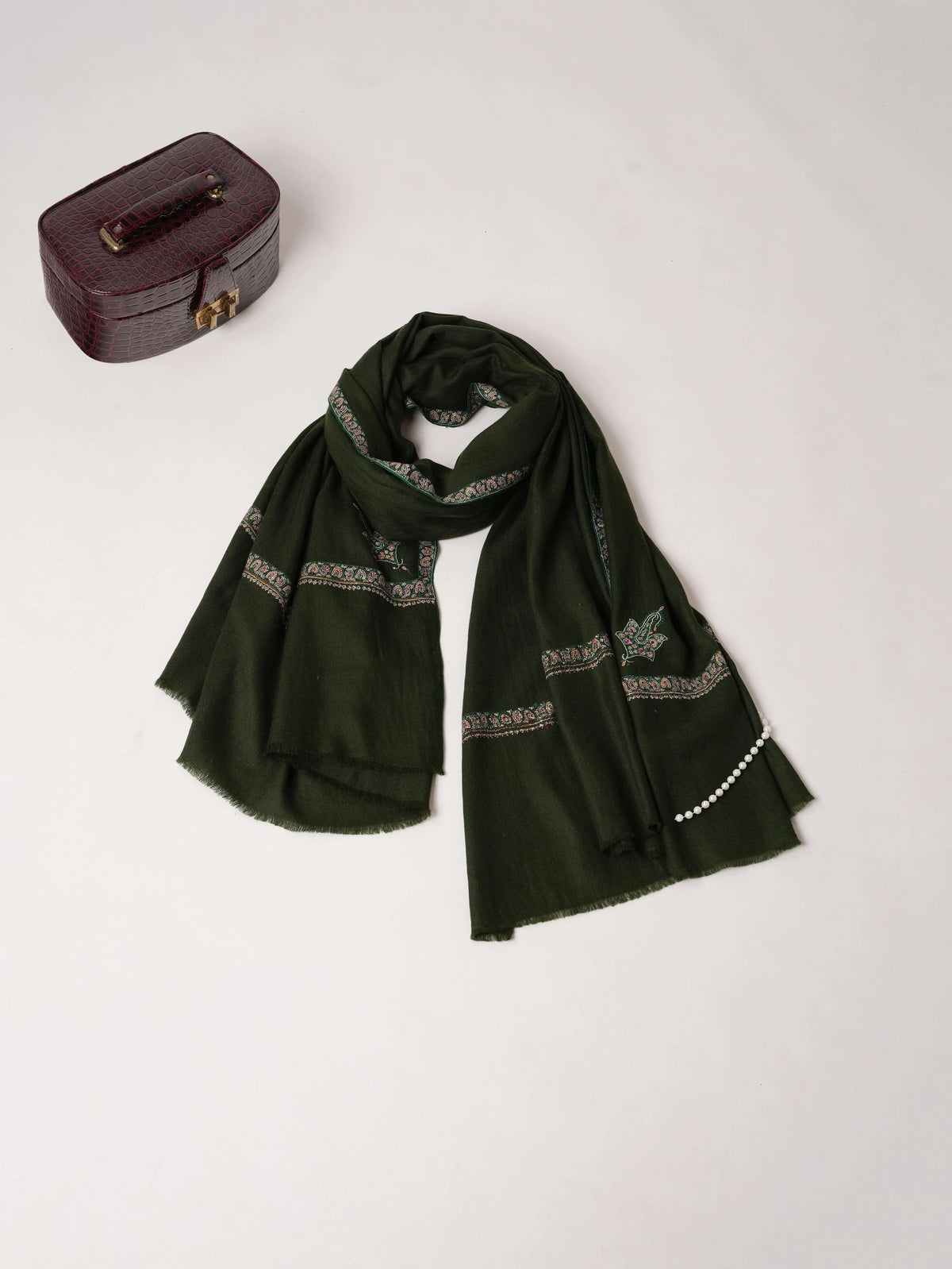 Forest Green Handwoven Pure Pashmina Shawl with Hashidar Embroidery