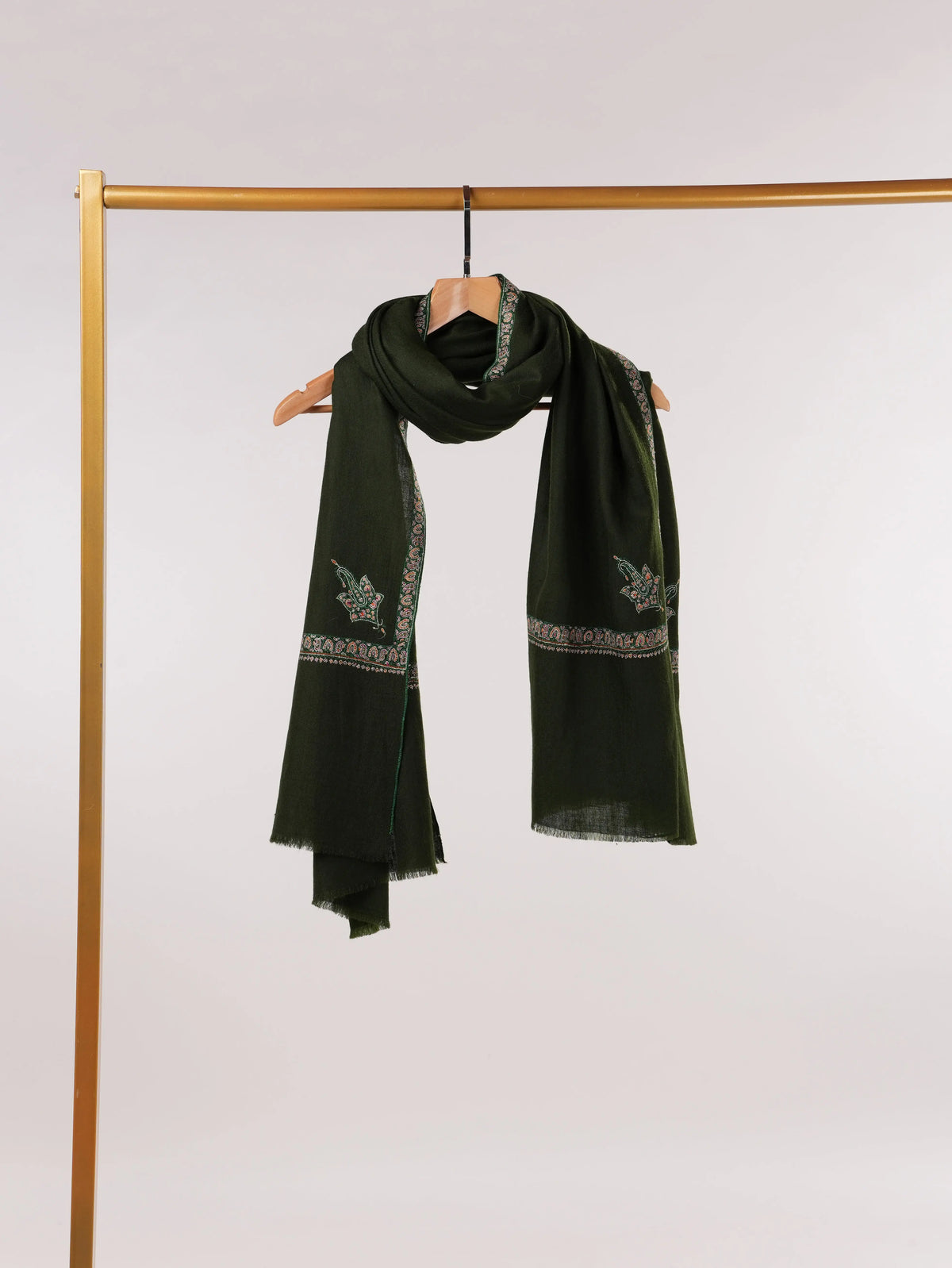 Forest Green Handwoven Pure Pashmina Shawl with Hashidar Embroidery