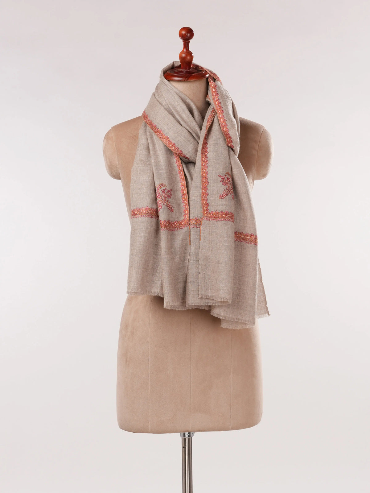 Natural Taupe Handwoven Original Cashmere Scarf with Hashia Sozni Embroidery Shahkaar.com