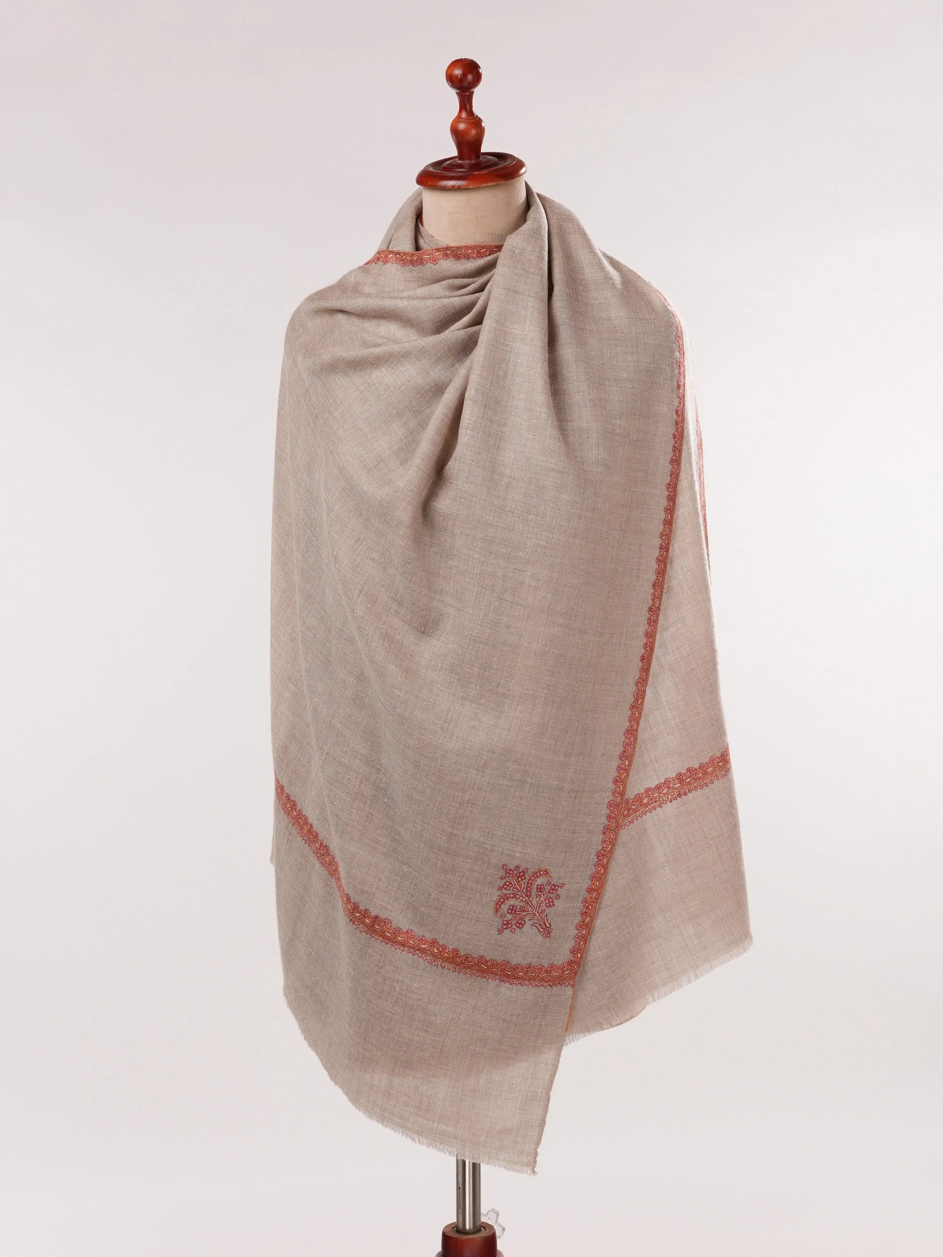 Natural Taupe Handwoven Original Cashmere Scarf with Hashia Sozni Embroidery Shahkaar.com