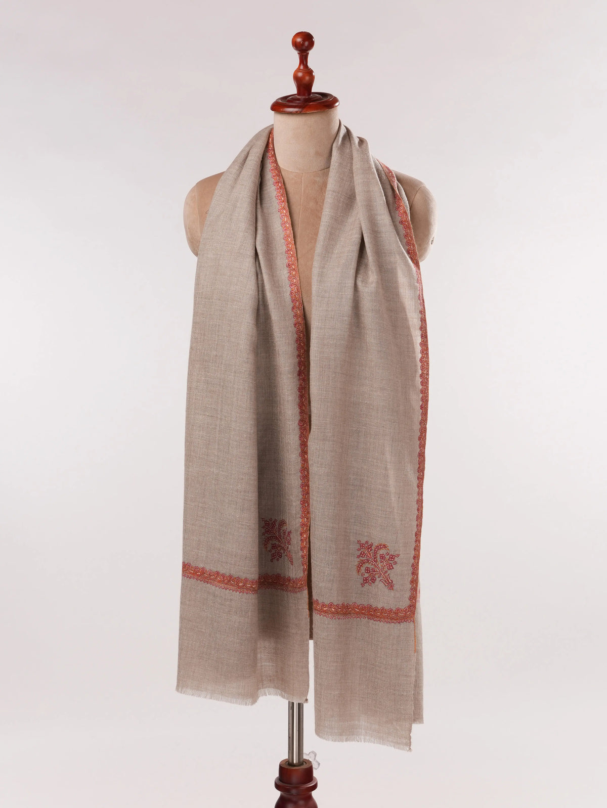 Natural Taupe Handwoven Original Cashmere Scarf with Hashia Sozni Embroidery Shahkaar.com