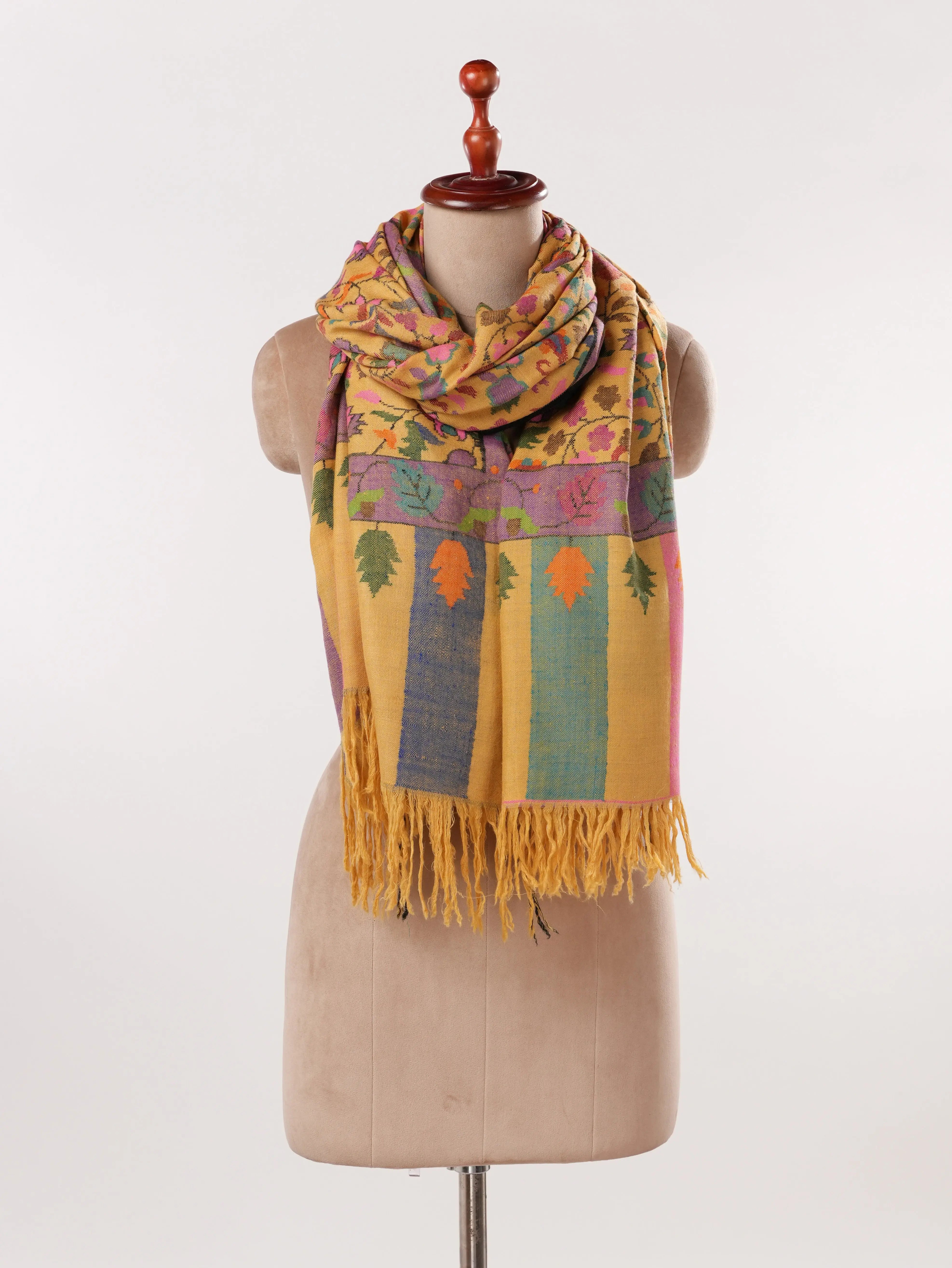 Handwoven Mustard Lightweight Pashmina Kani Shawl from Kashmir Shahkaar.com