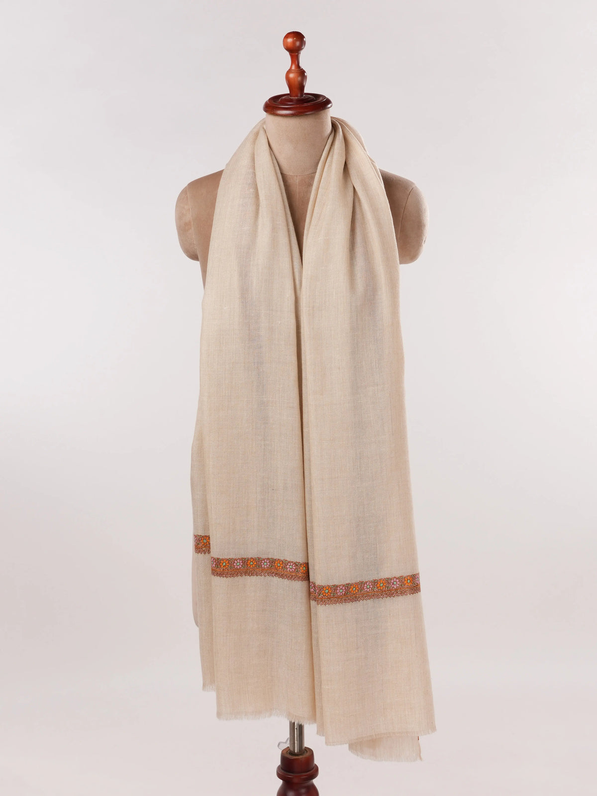 Natural White Handwoven Hashidar Sozni Embroidered Pashmina Shawl