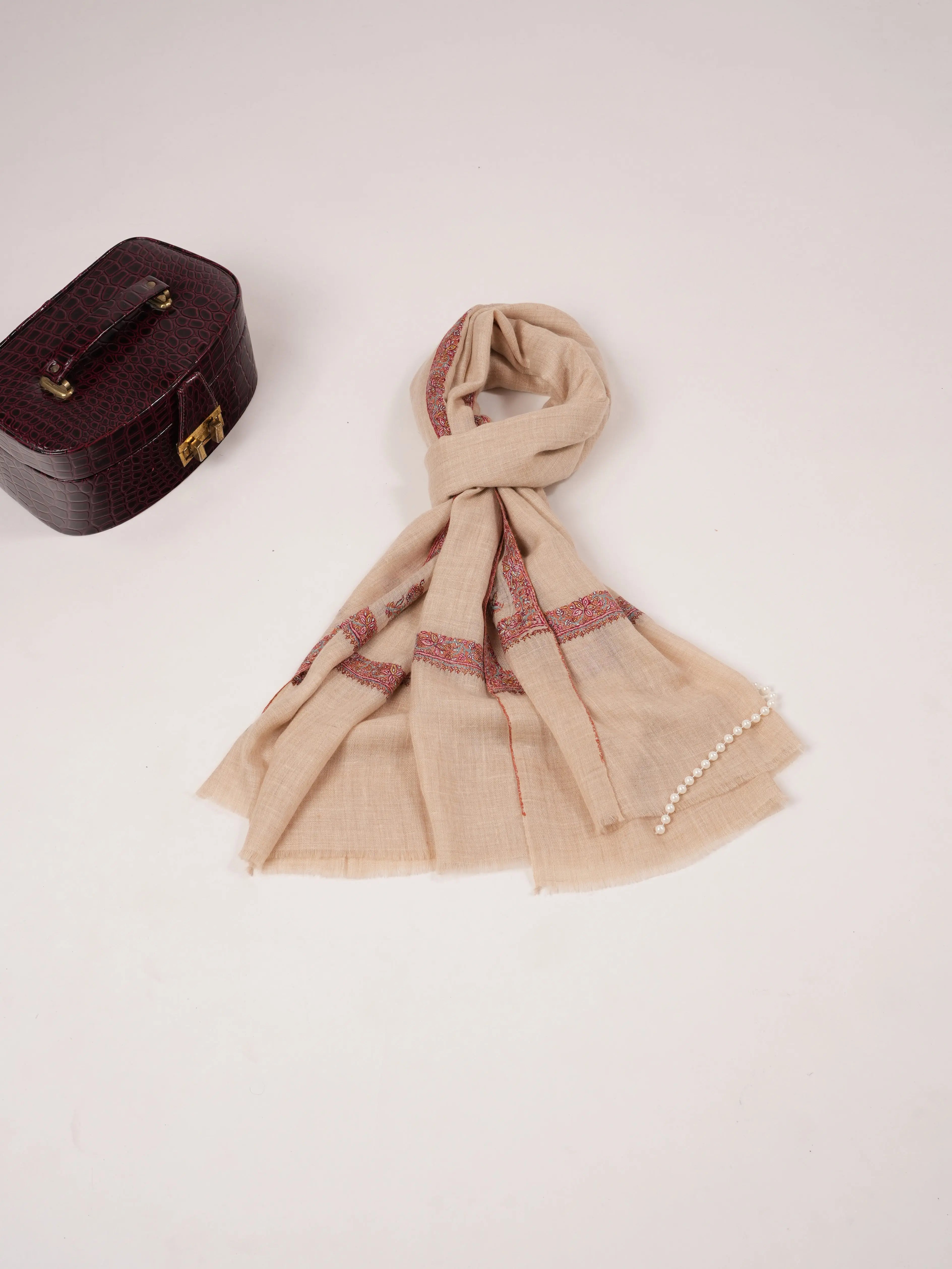 Offwhite Pashmina Shawl with Classic Hashidar Hand Embroidery Shahkaar.com