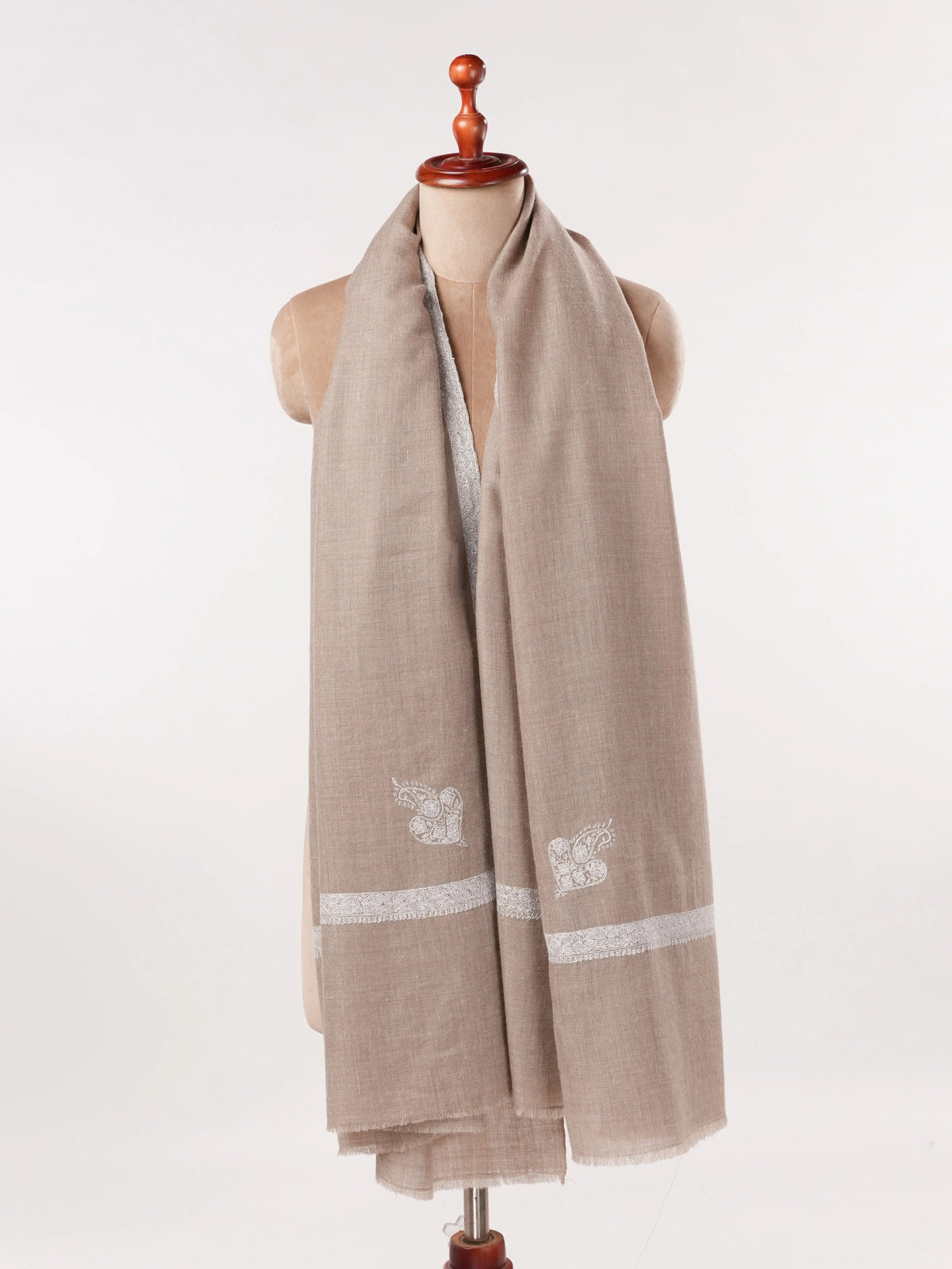 Natural Beige Pashmina Shawl with Hand Sozni Hashidar Embroidery