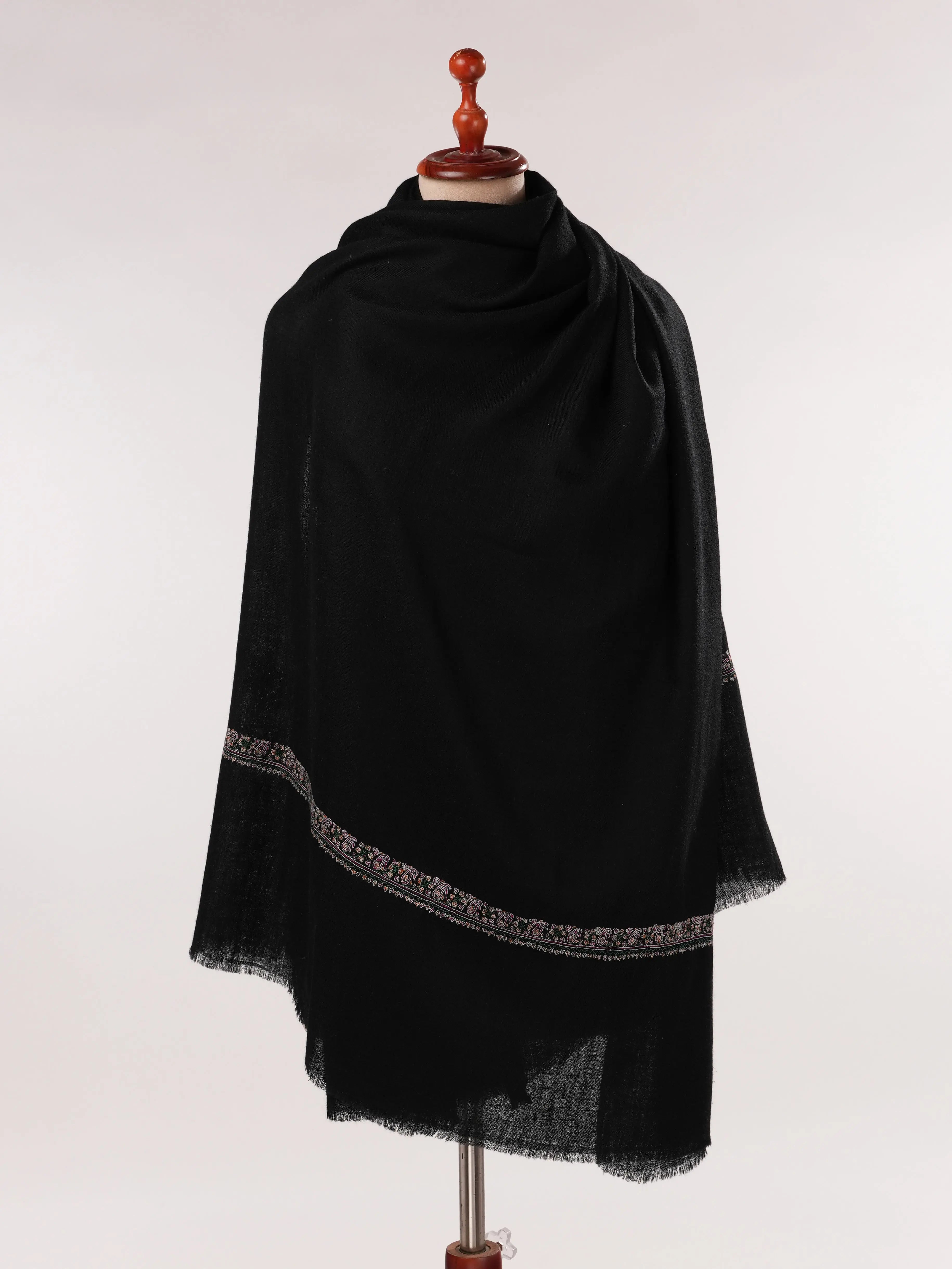 Black Handwoven Pure Pashmina Shawl with Hashidar Sozni Embroidery Shahkaar.com